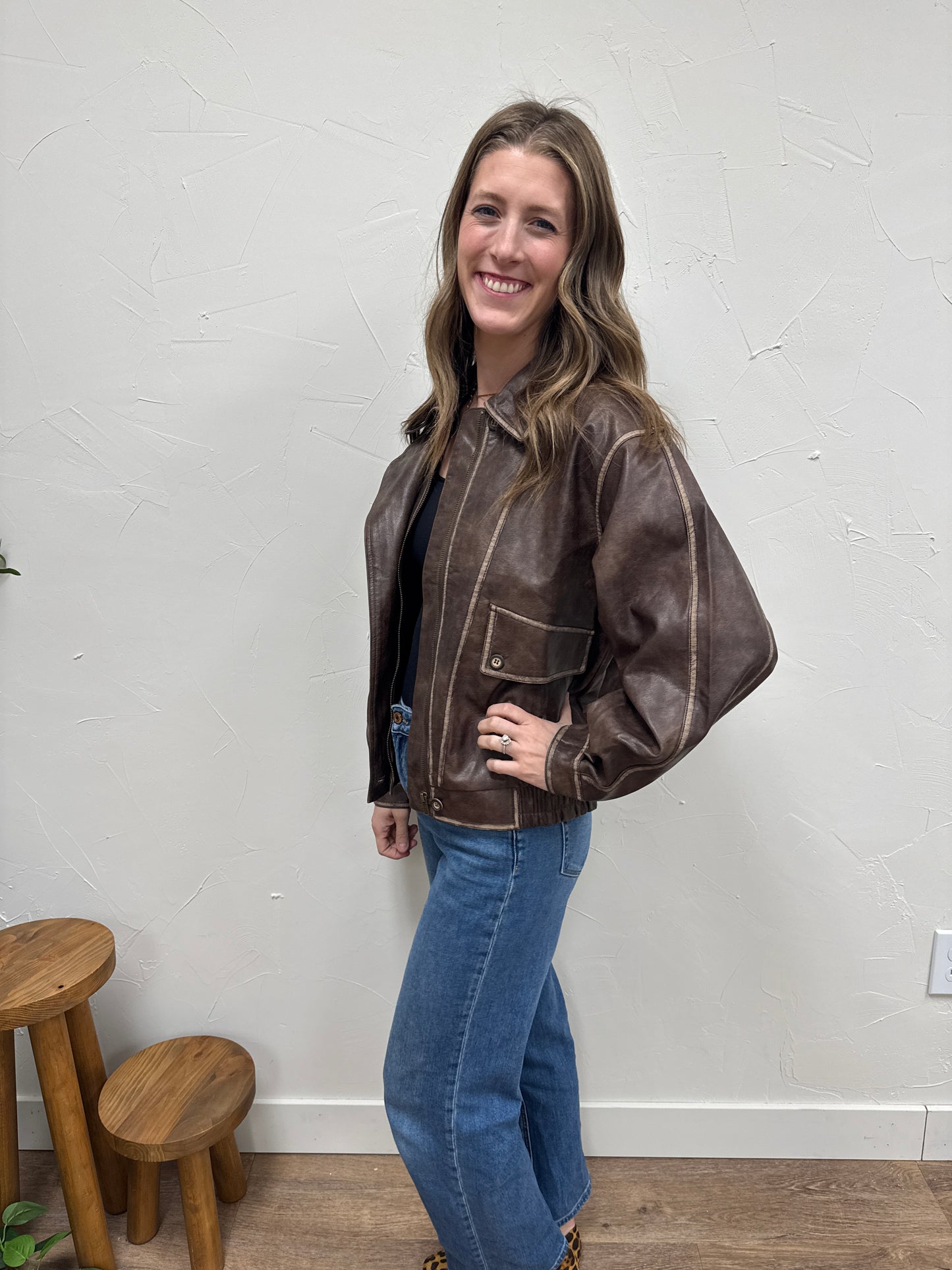 Collared Zip Up Washed Faux Leather Jacket