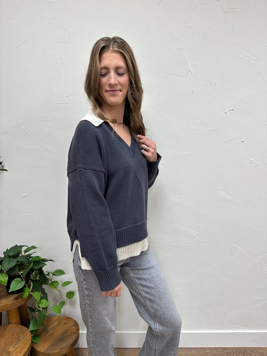 Color Combo V-Neck Sweater Top