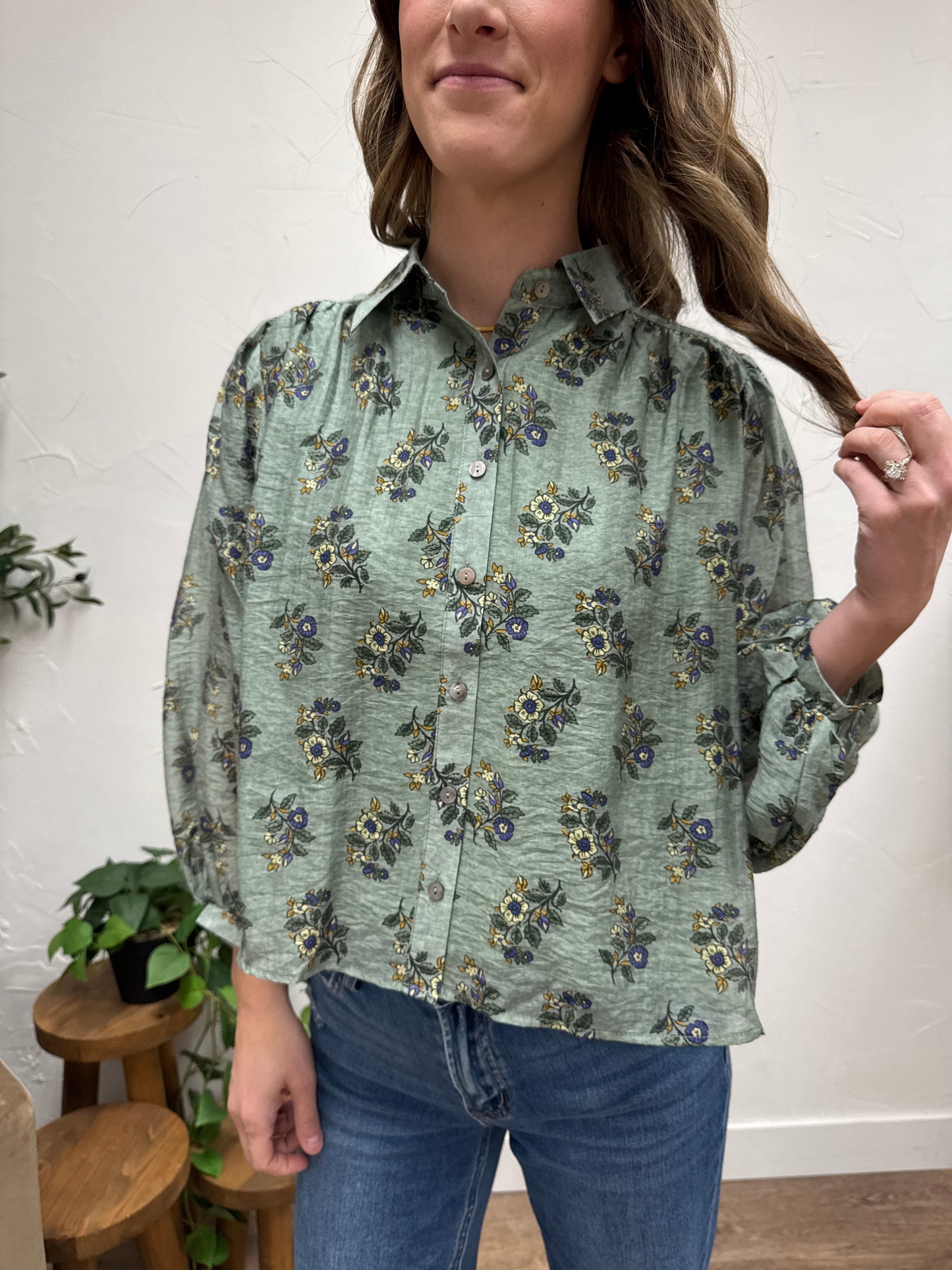Botanical print long sleeve button-down top