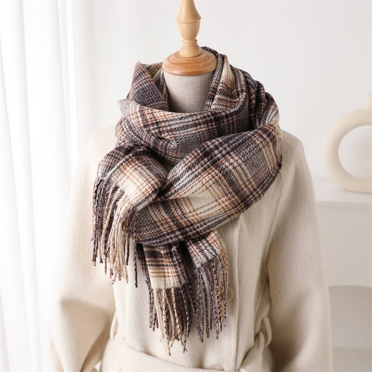 Artistic Plaid Tassel Scarf for Fall and Winter DARK BROWN