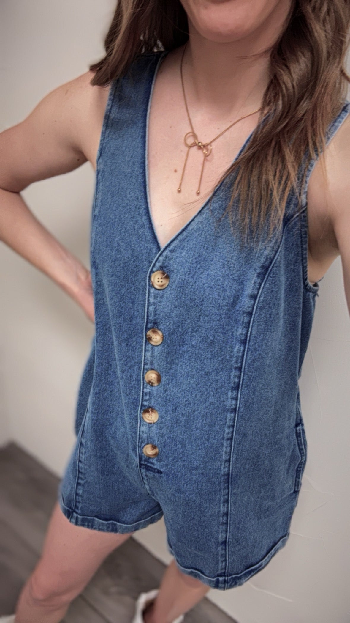 Button Front Sleeveless Denim Romper