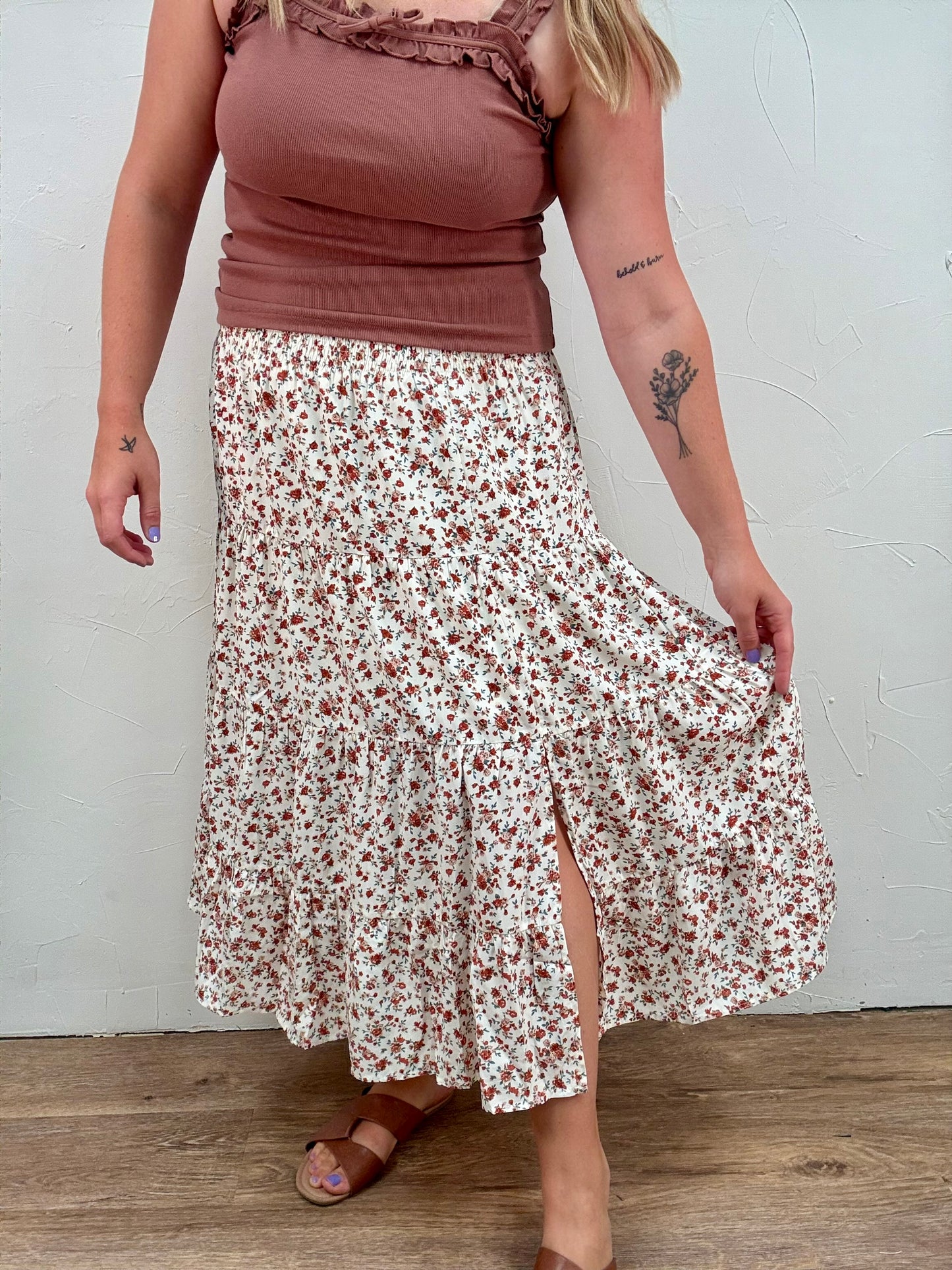 Floral Tiered Front Slit Midi Skirt
