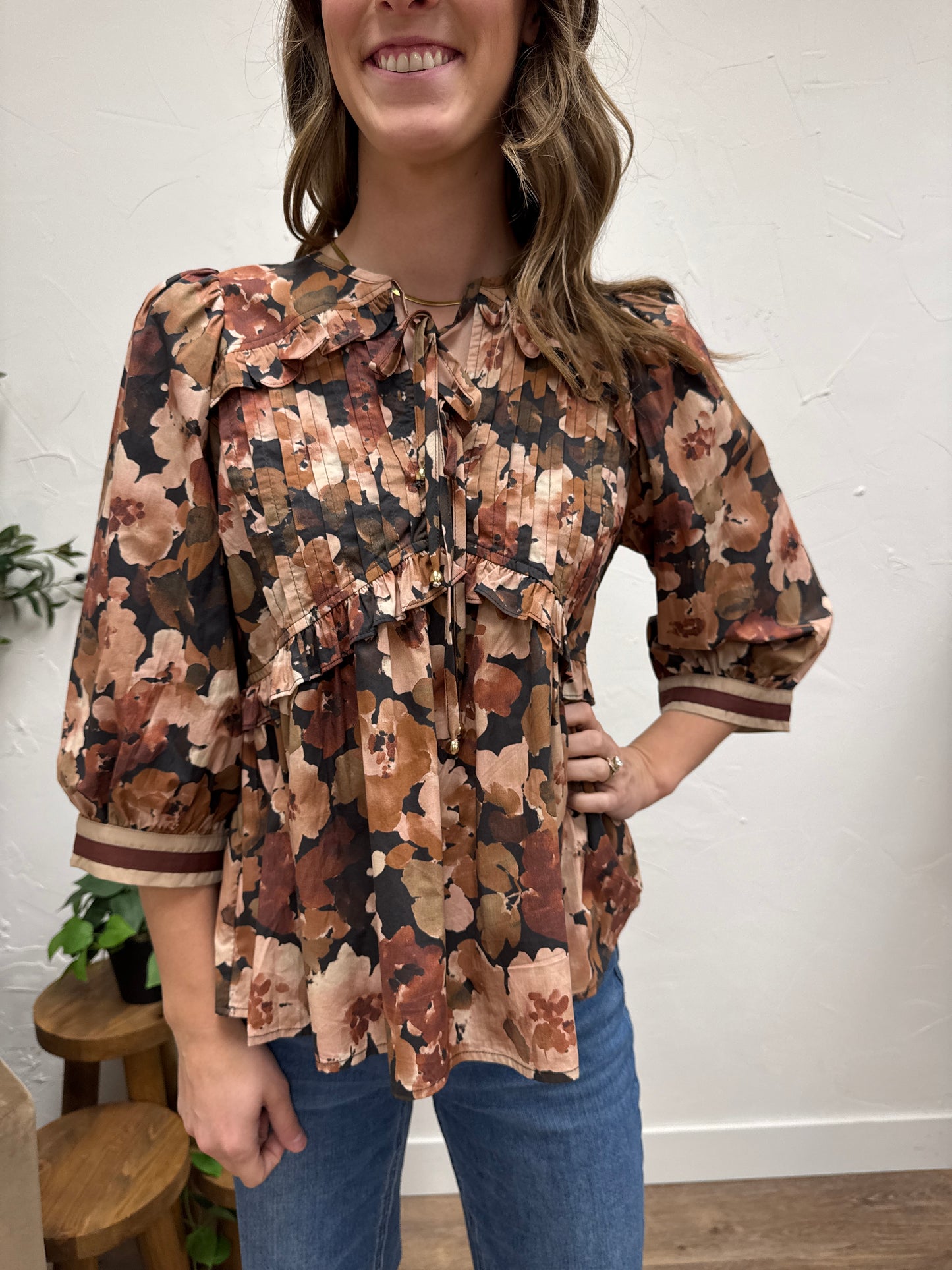 Floral print 3/4 sleeve peplum top
