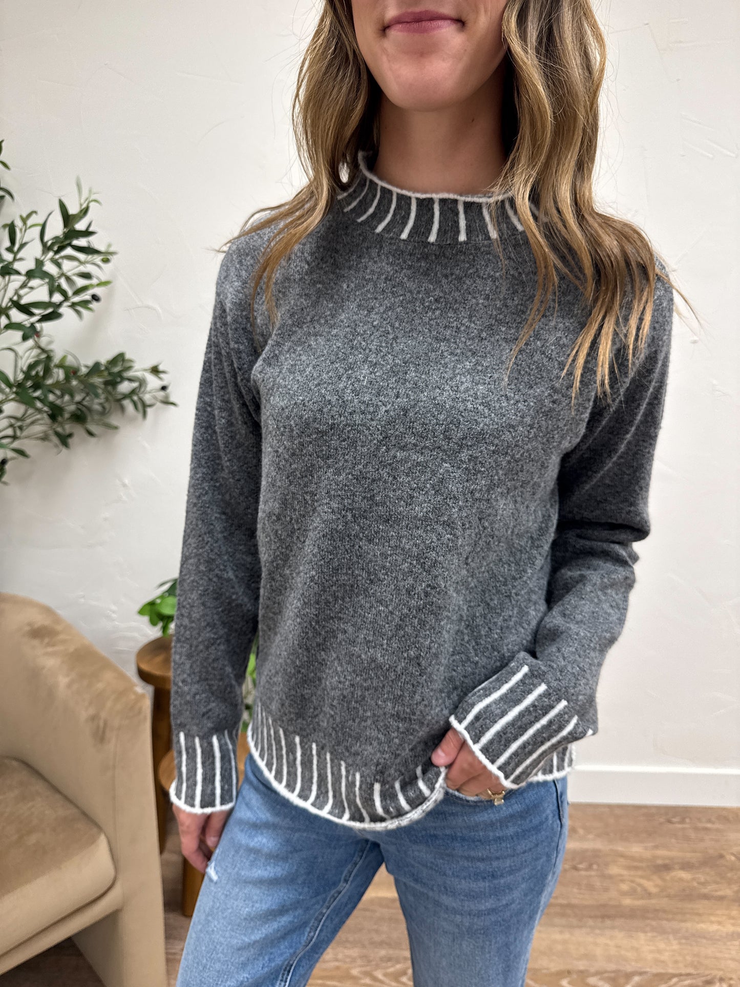 Color Texture Accent Mock Neck Pullover