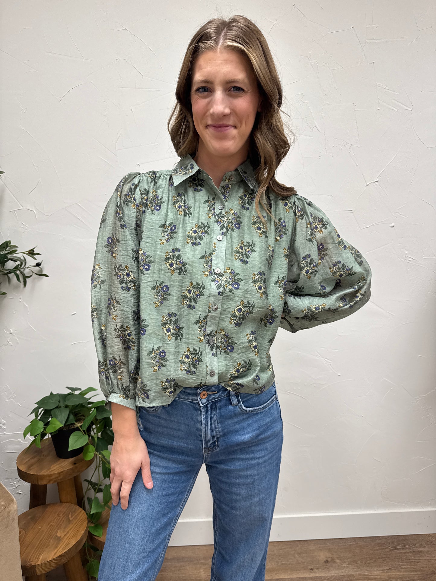 Botanical print long sleeve button-down top