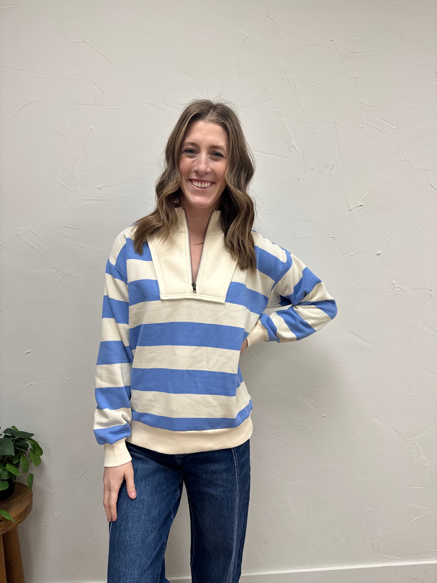 Striped French Terry Half Zip Sweatshirt