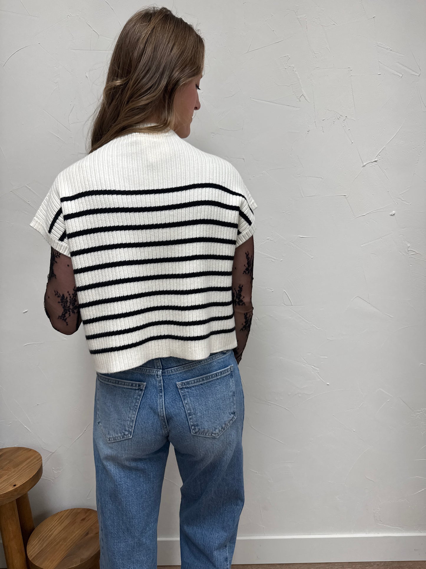 Stripe Mock Neck Short Sleeve Knit Sweater