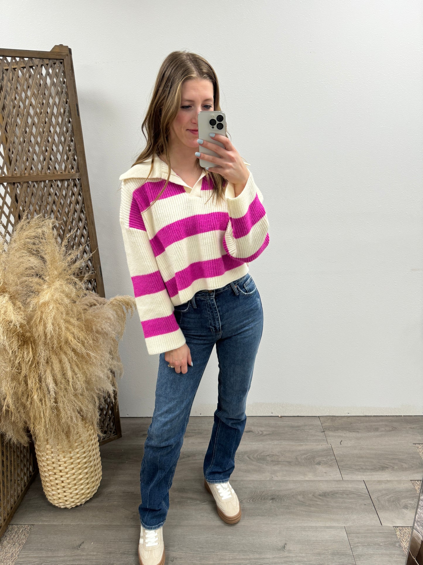STRIPE DROP SHOULDER WITH WIDE COLLAR SWEATER - Three:Twelve Boutique