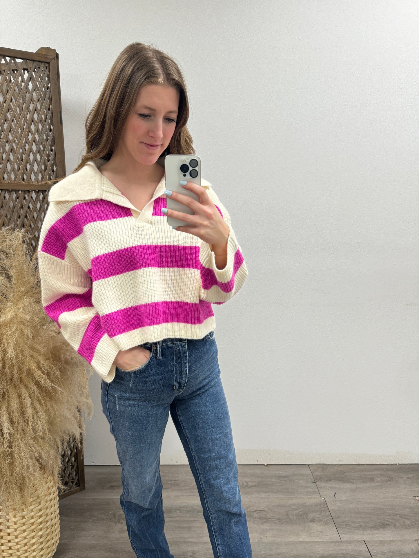 STRIPE DROP SHOULDER WITH WIDE COLLAR SWEATER - Three:Twelve Boutique