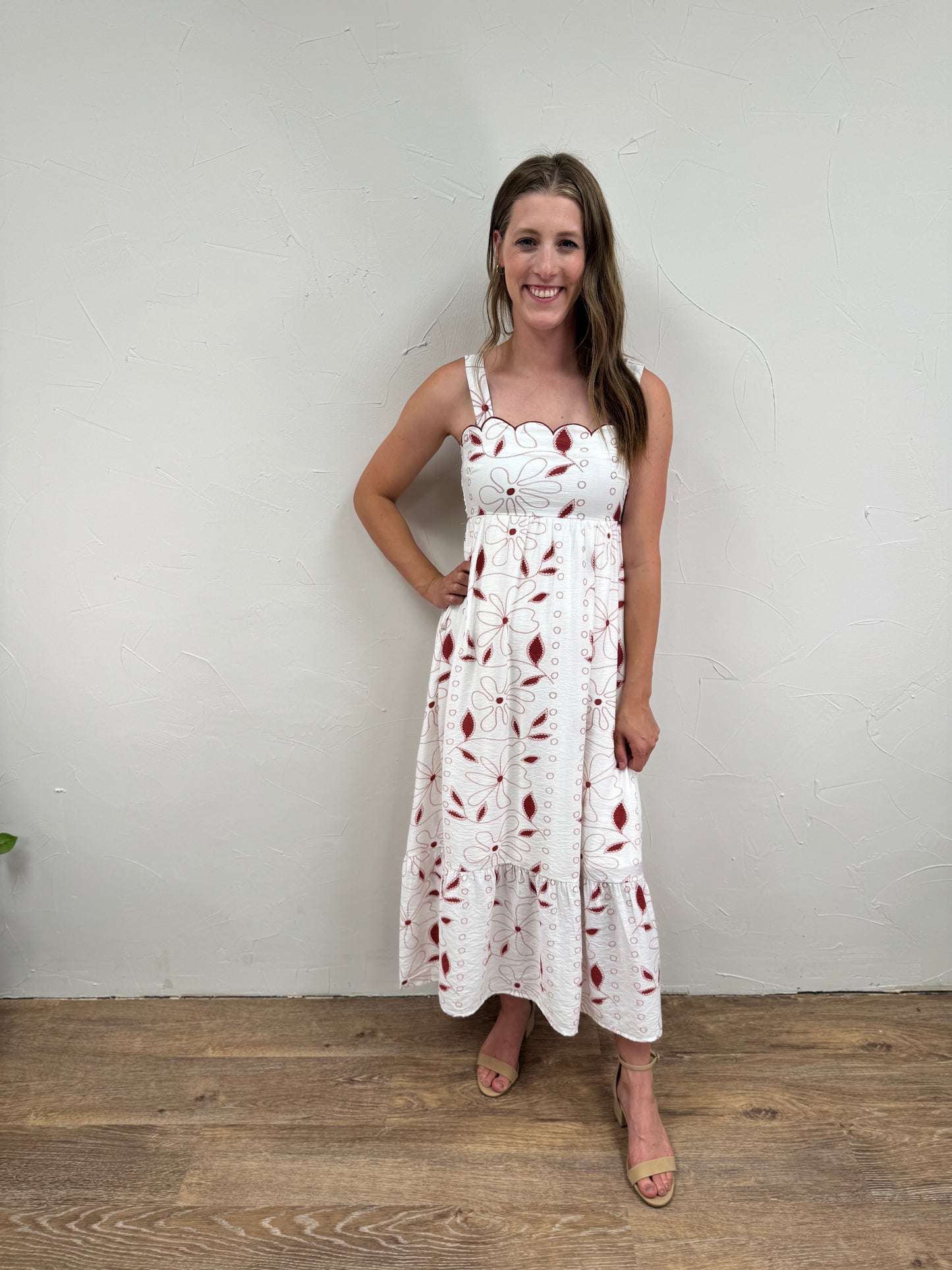 Floral Embroidery Scallop Trim Midi Dress