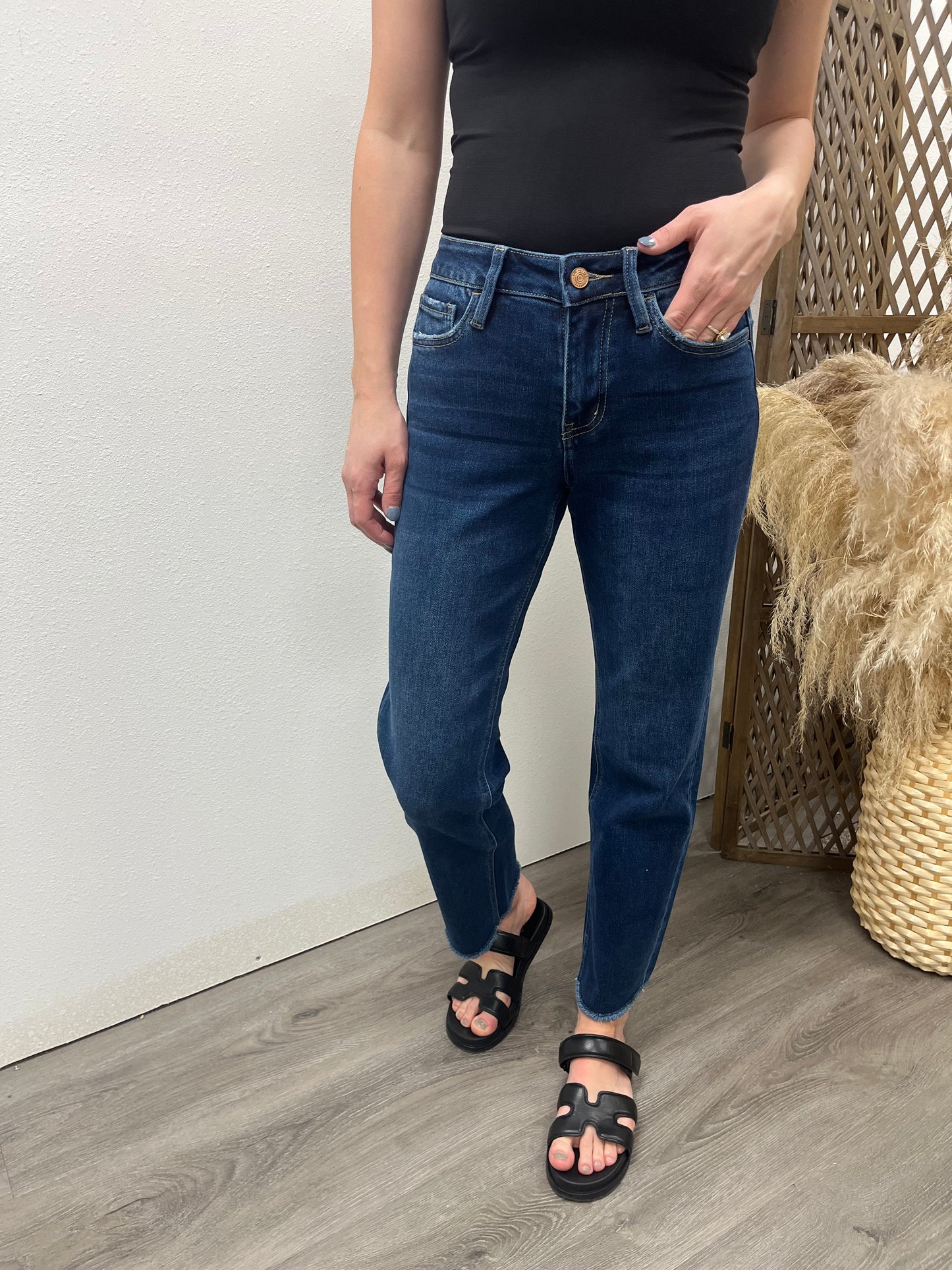 High Rise Raw Hem Ankle Straight Jeans