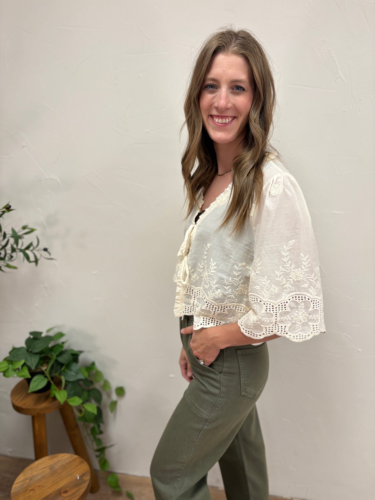 Floral Embroidered Tie Front Blouse
