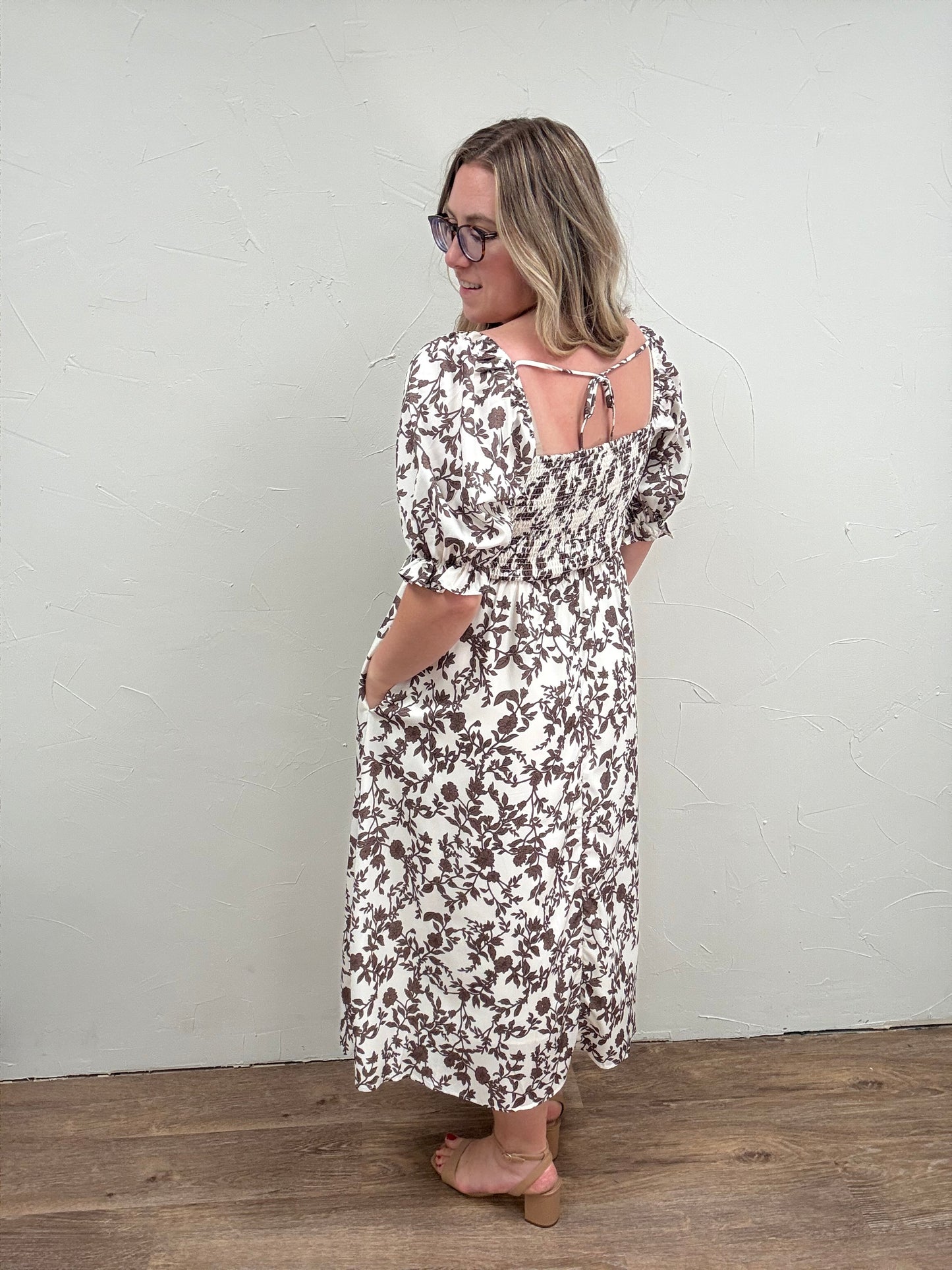 Floral Balloon Sleeve Smocked Dress