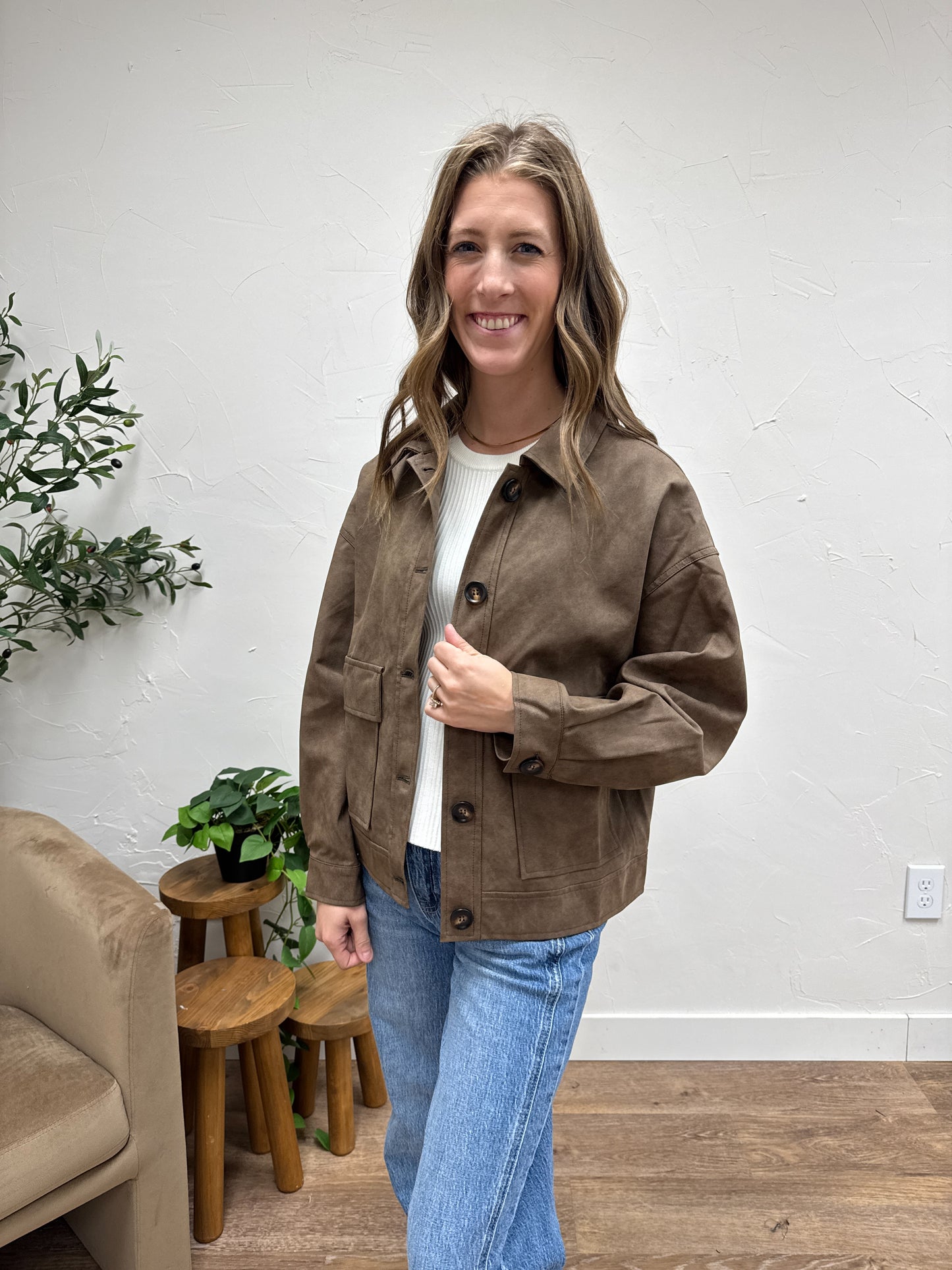 Faux Leather Button Front Shirt Jacket