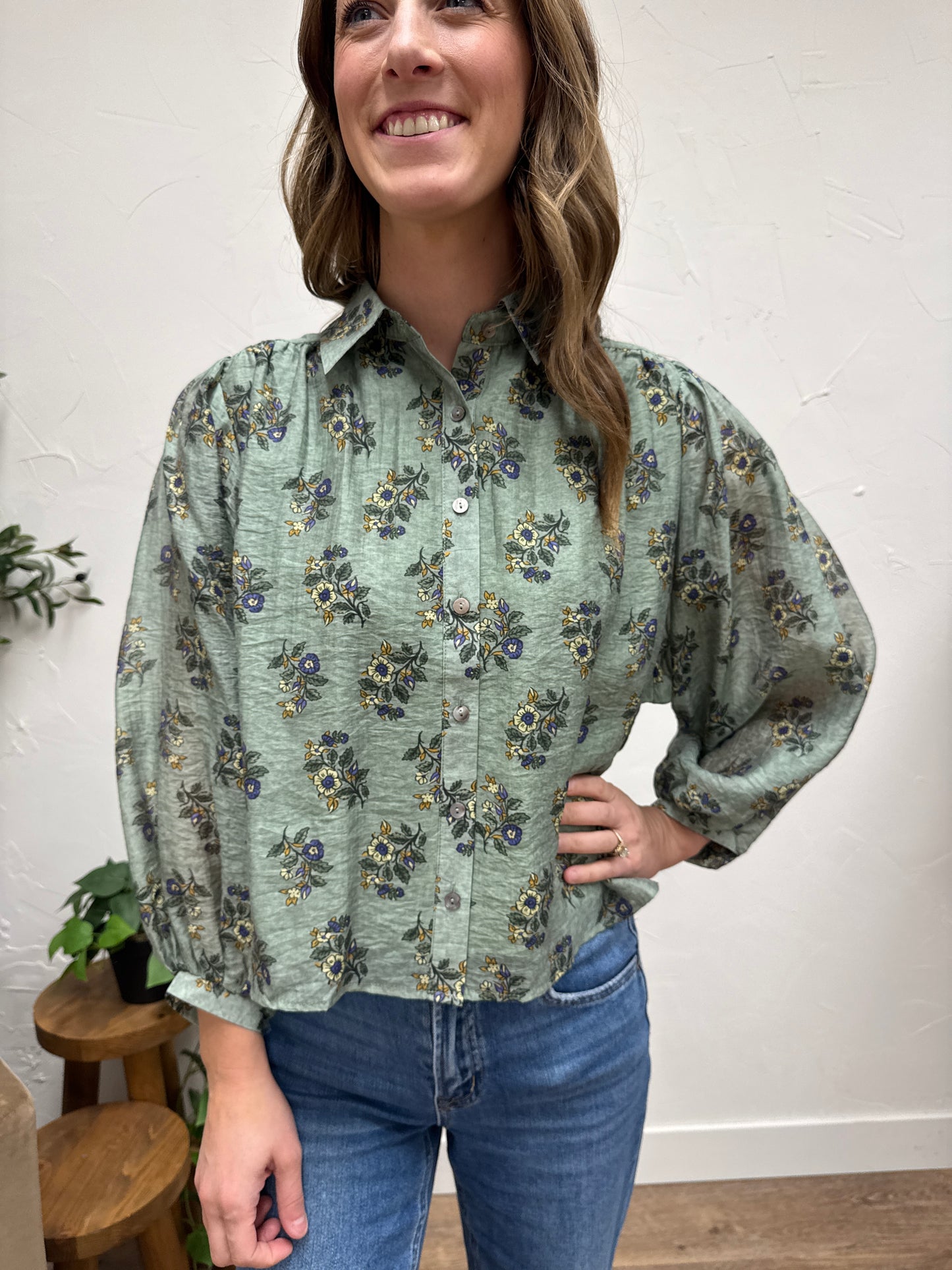 Botanical print long sleeve button-down top