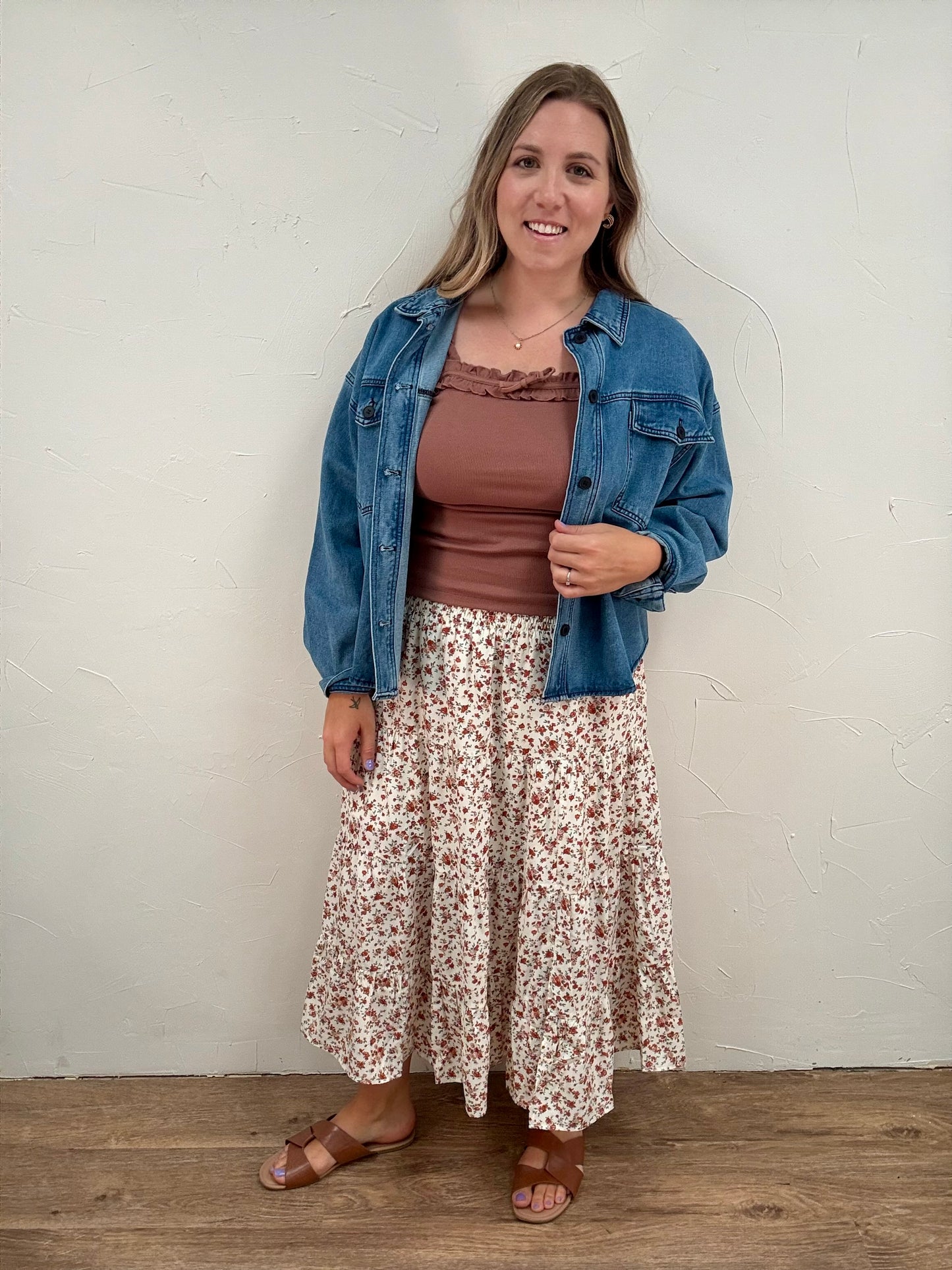 Floral Tiered Front Slit Midi Skirt
