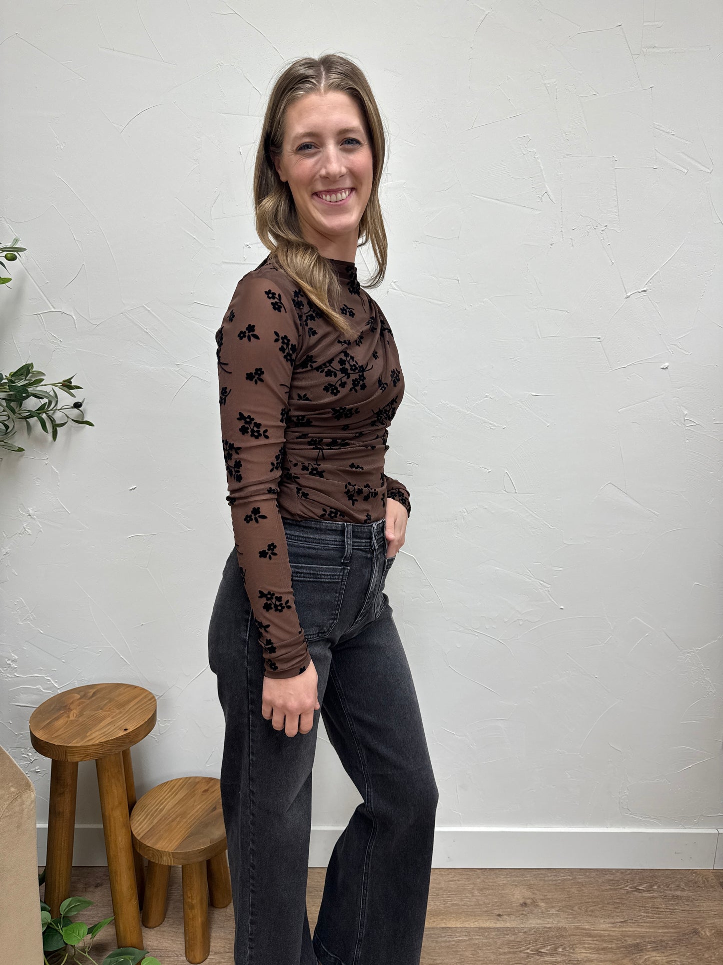 High Neck Long Sleeve Mesh Velvet Bodysuit
