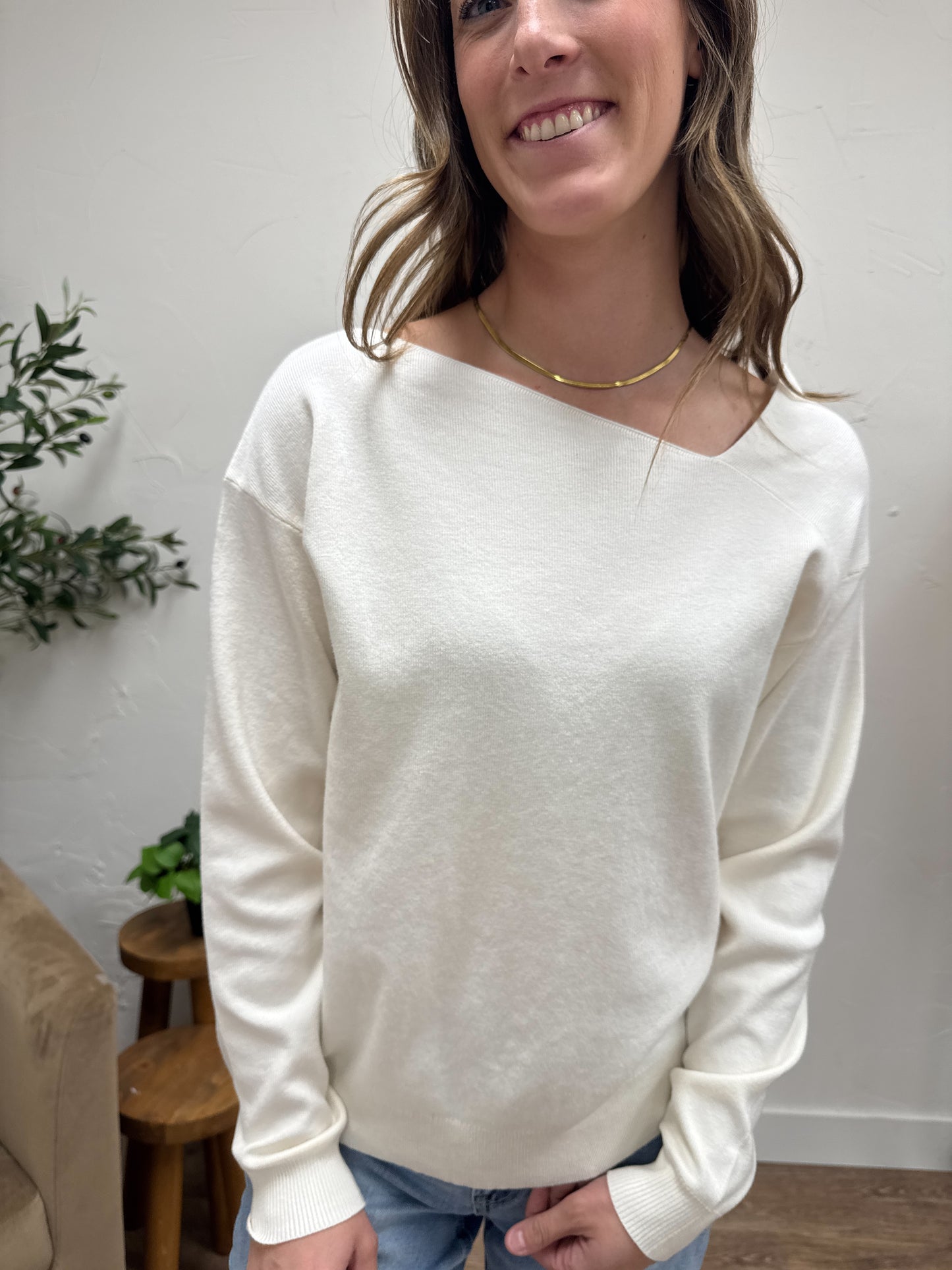 ASYMMETRIC NECK, PULLOVER SWEATER