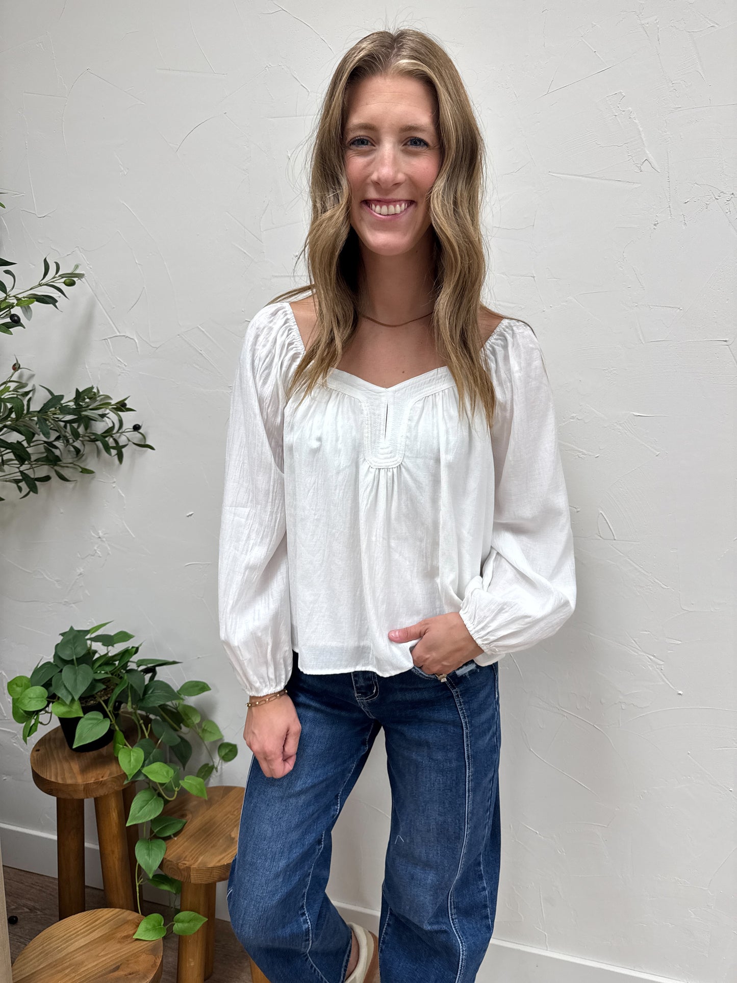 Heart Neck Woven Blouse Top