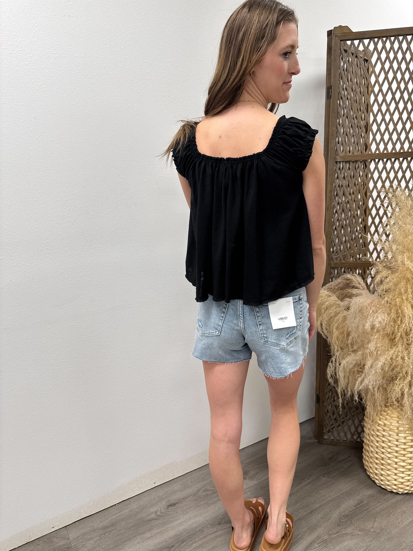 Slub Knit Cap Sleeve Flowy Peasant Top