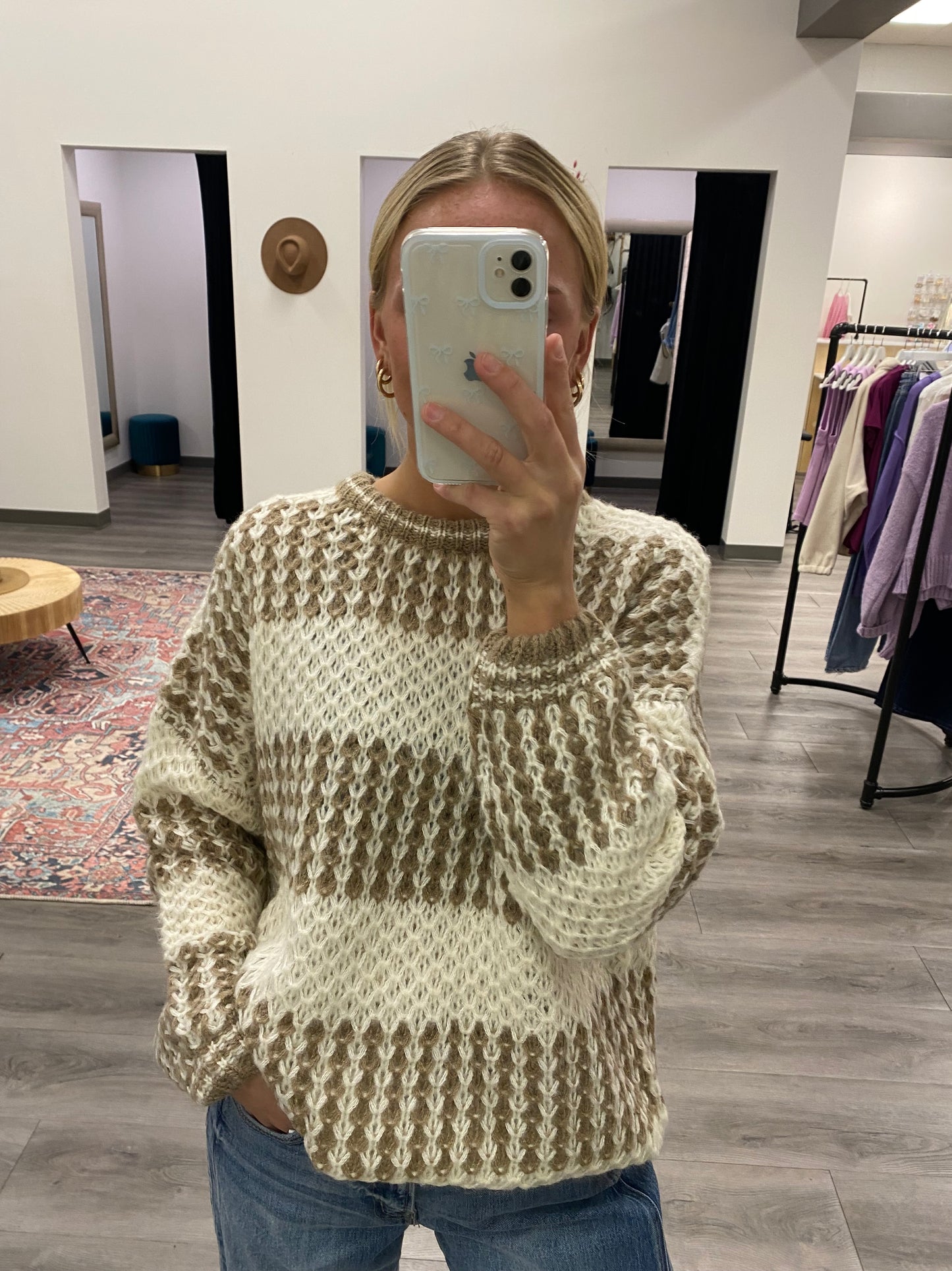 Round Neck Color Block Sweater Top - Three:Twelve Boutique