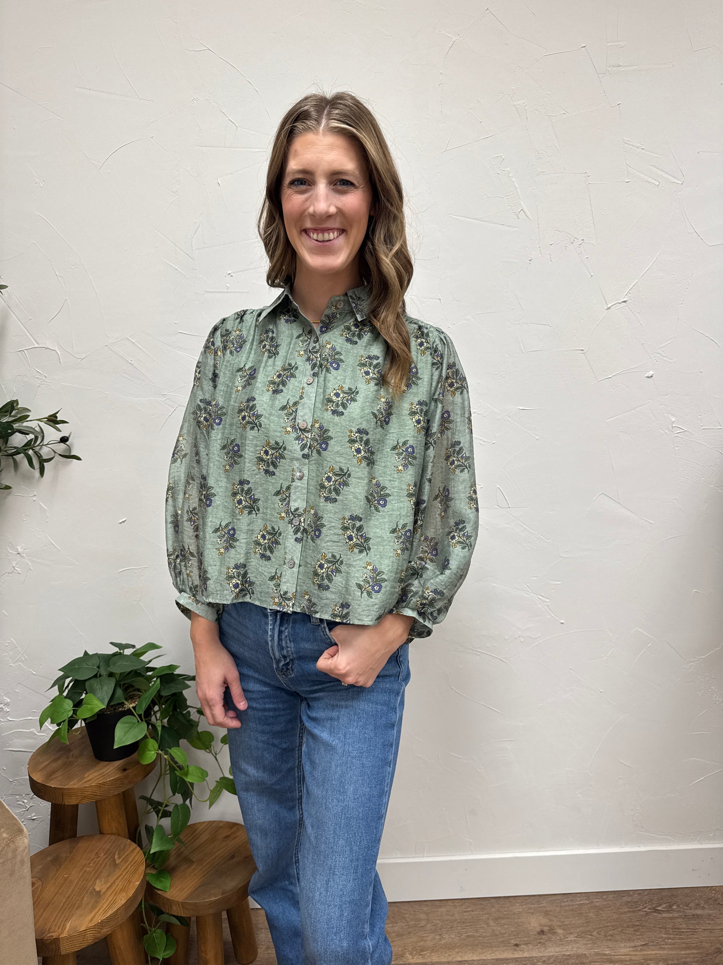 Botanical print long sleeve button-down top