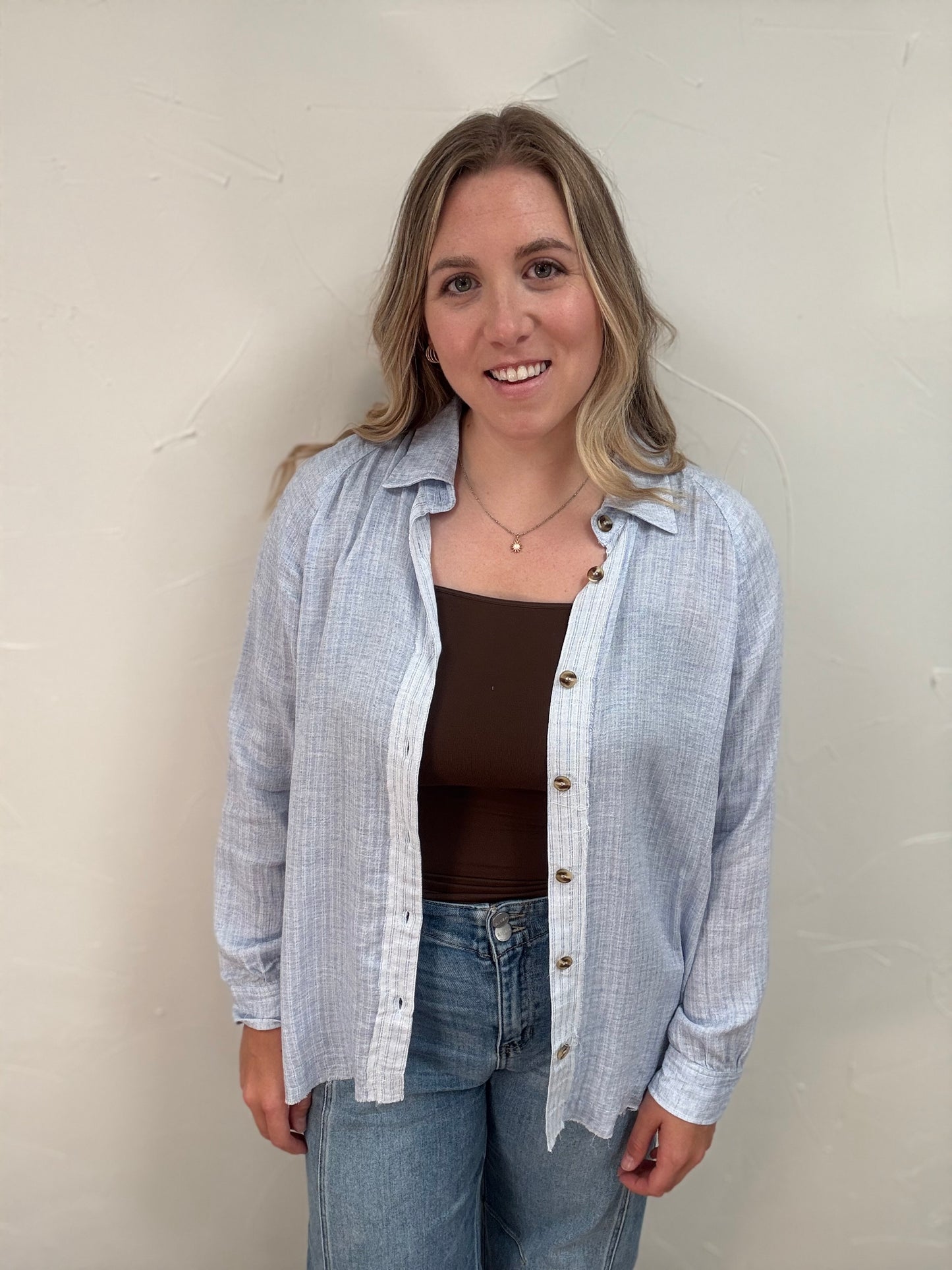 Raglan Button Down Striped Top