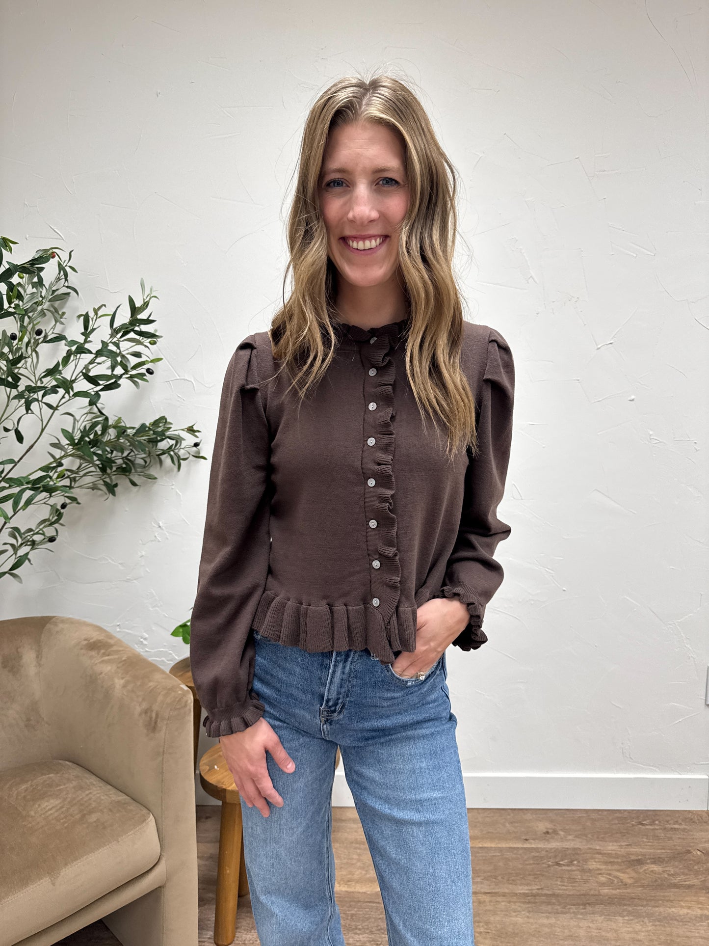 Ruffle Detail Button Sweater