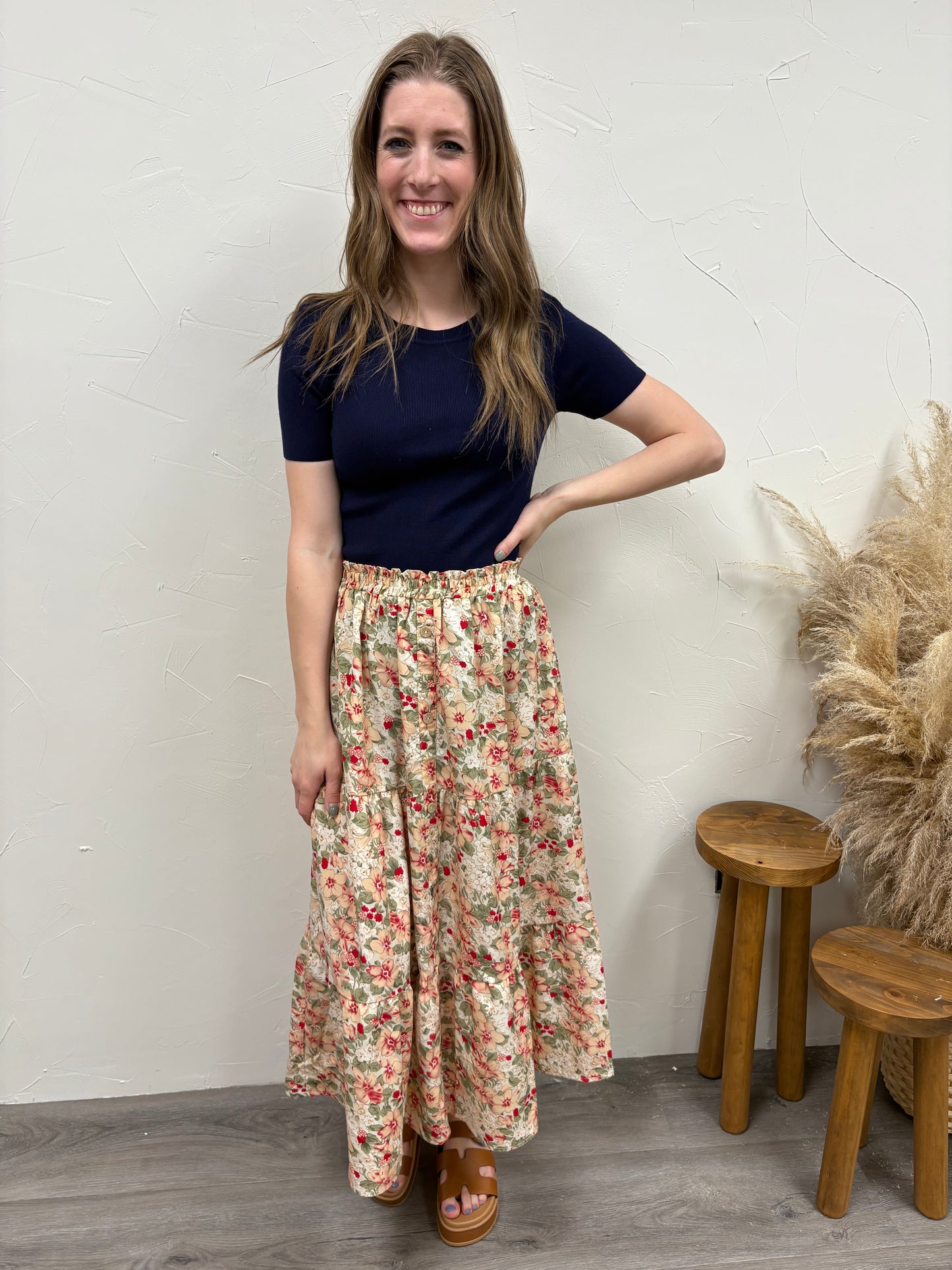 Floral Elastic Waist Midi Skirt