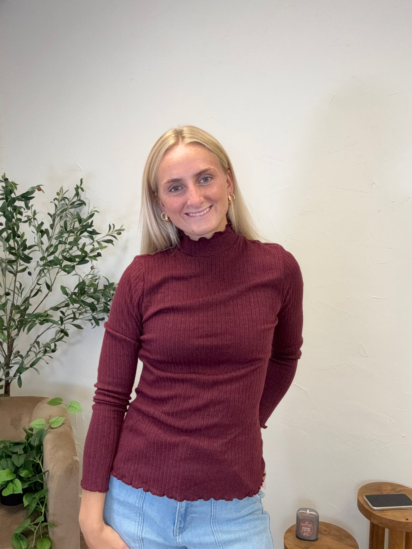 Mock Neck Lettuce Edge Top