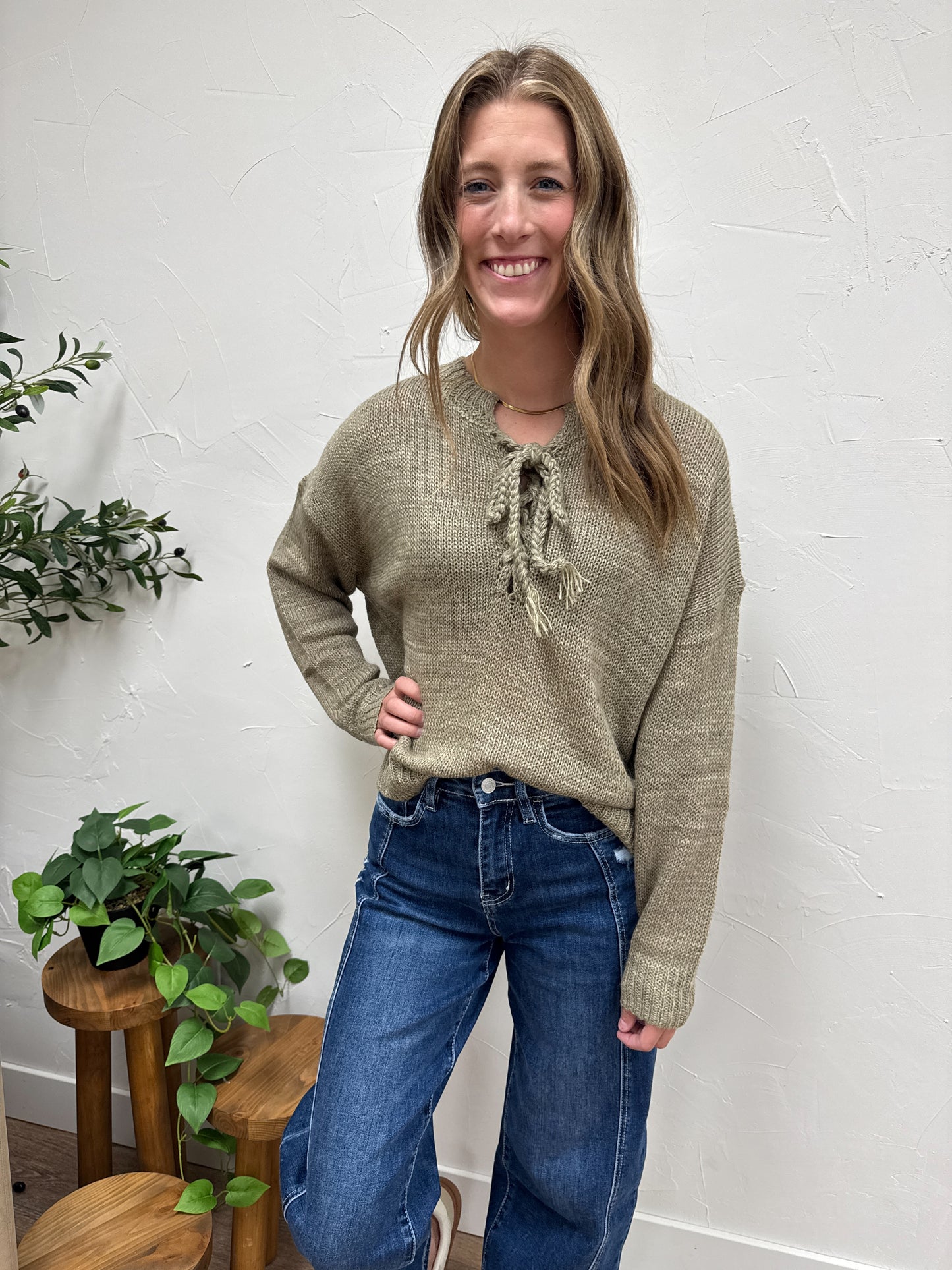 Lace-UP Front Sweater Top