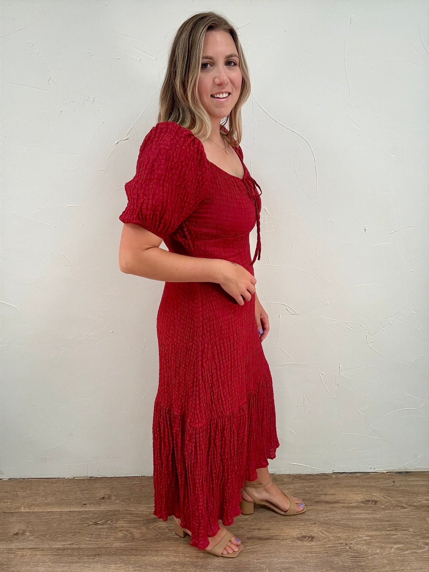 Textured Woven Tie Front Midi Dress