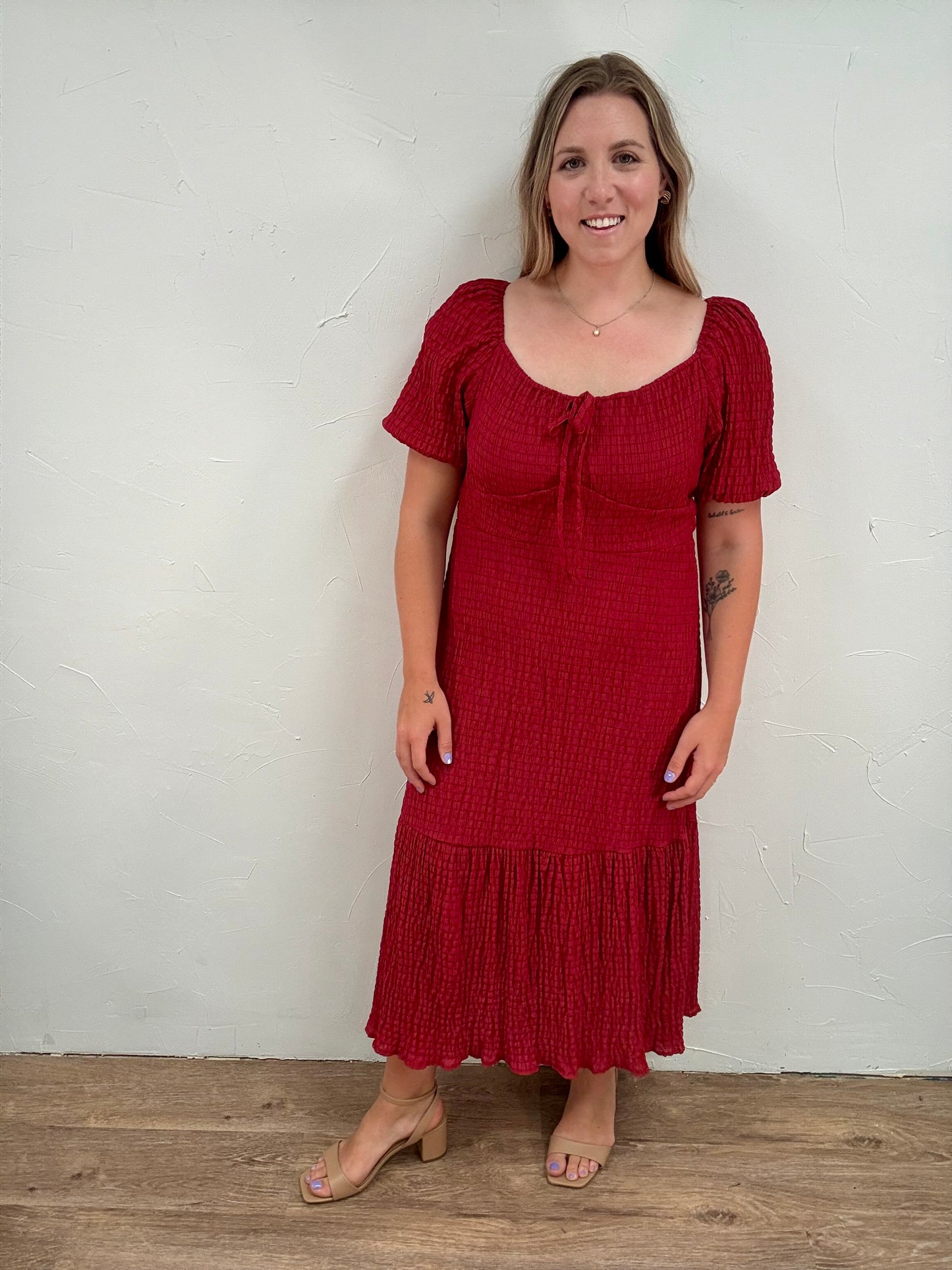 Textured Woven Tie Front Midi Dress