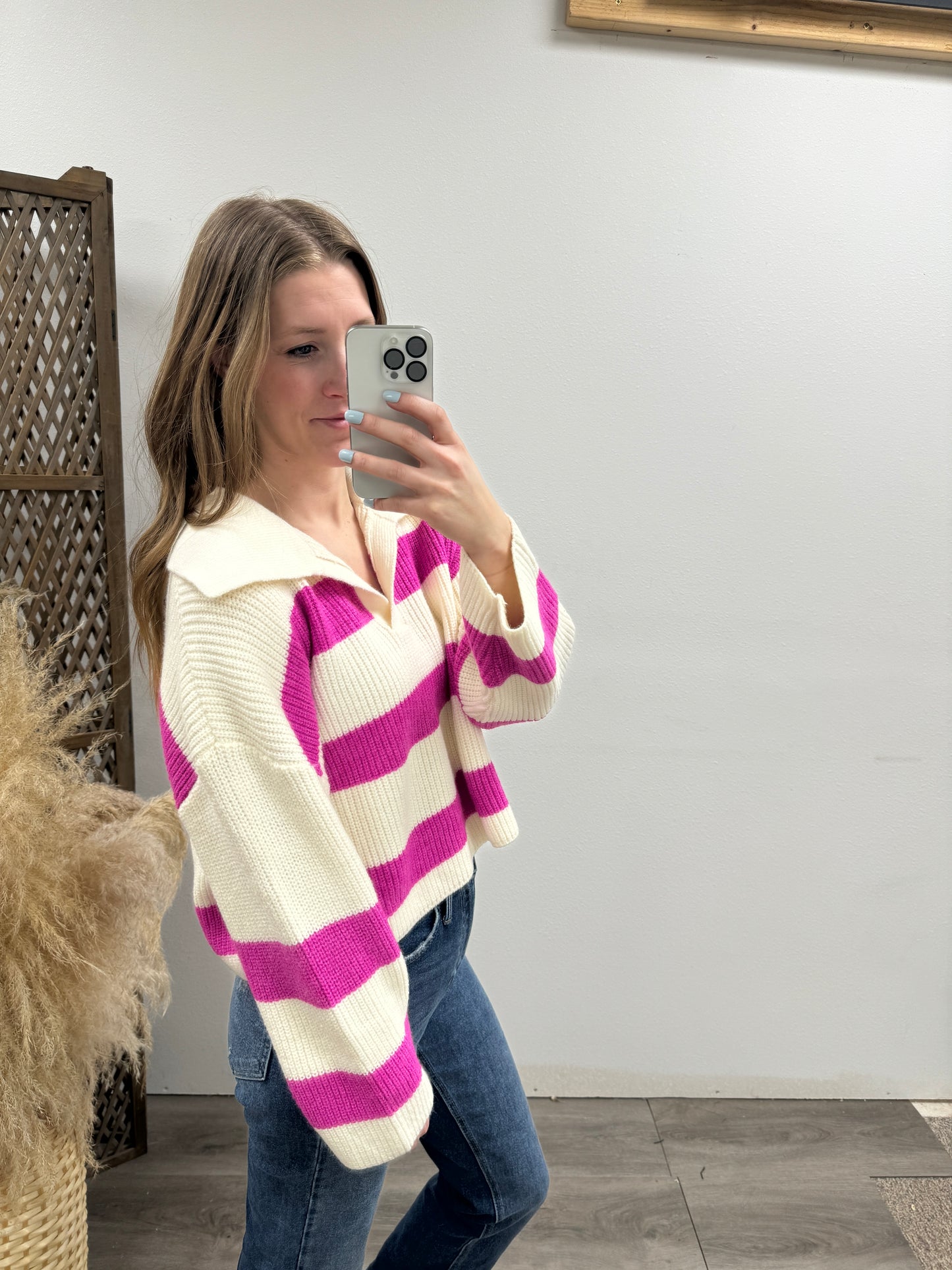 STRIPE DROP SHOULDER WITH WIDE COLLAR SWEATER - Three:Twelve Boutique