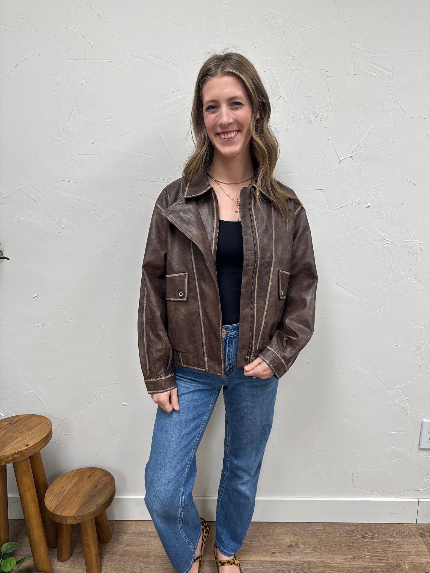 Collared Zip Up Washed Faux Leather Jacket