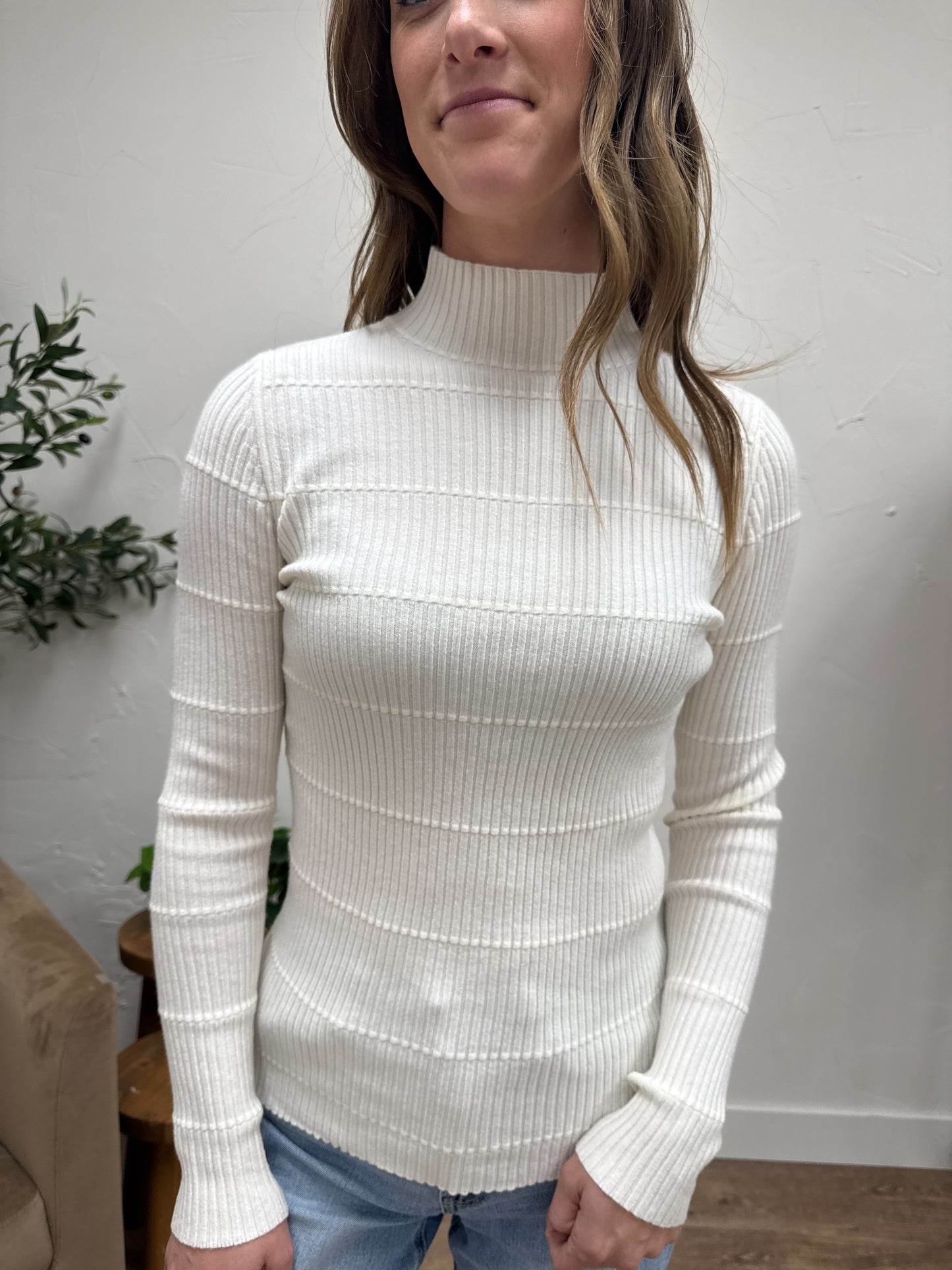 Pintuck Striped Fitted Solid Mock Neck Sweater