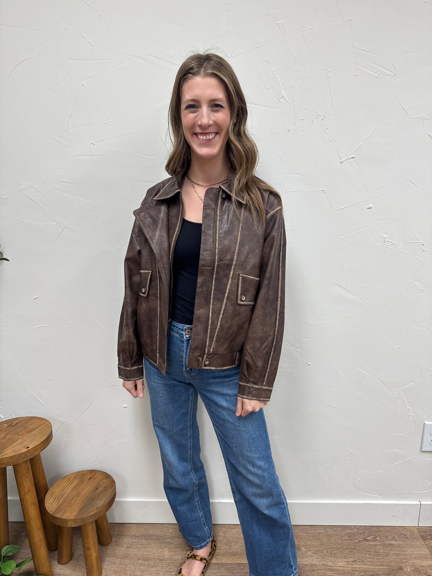 Collared Zip Up Washed Faux Leather Jacket