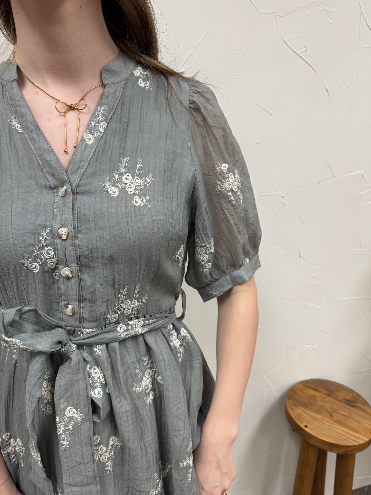 Embroidered Button Front Dress