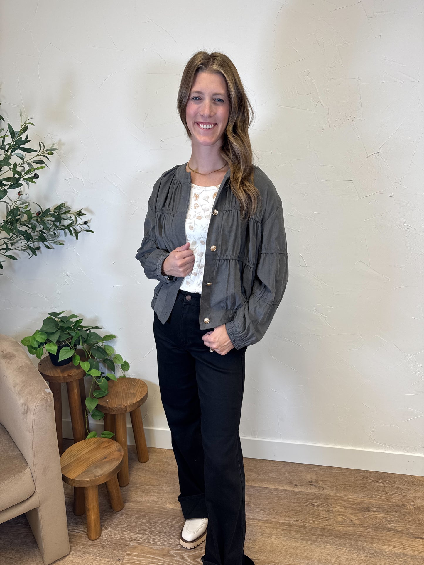 Light Weight Suede Elastic Piping Blouse Jacket