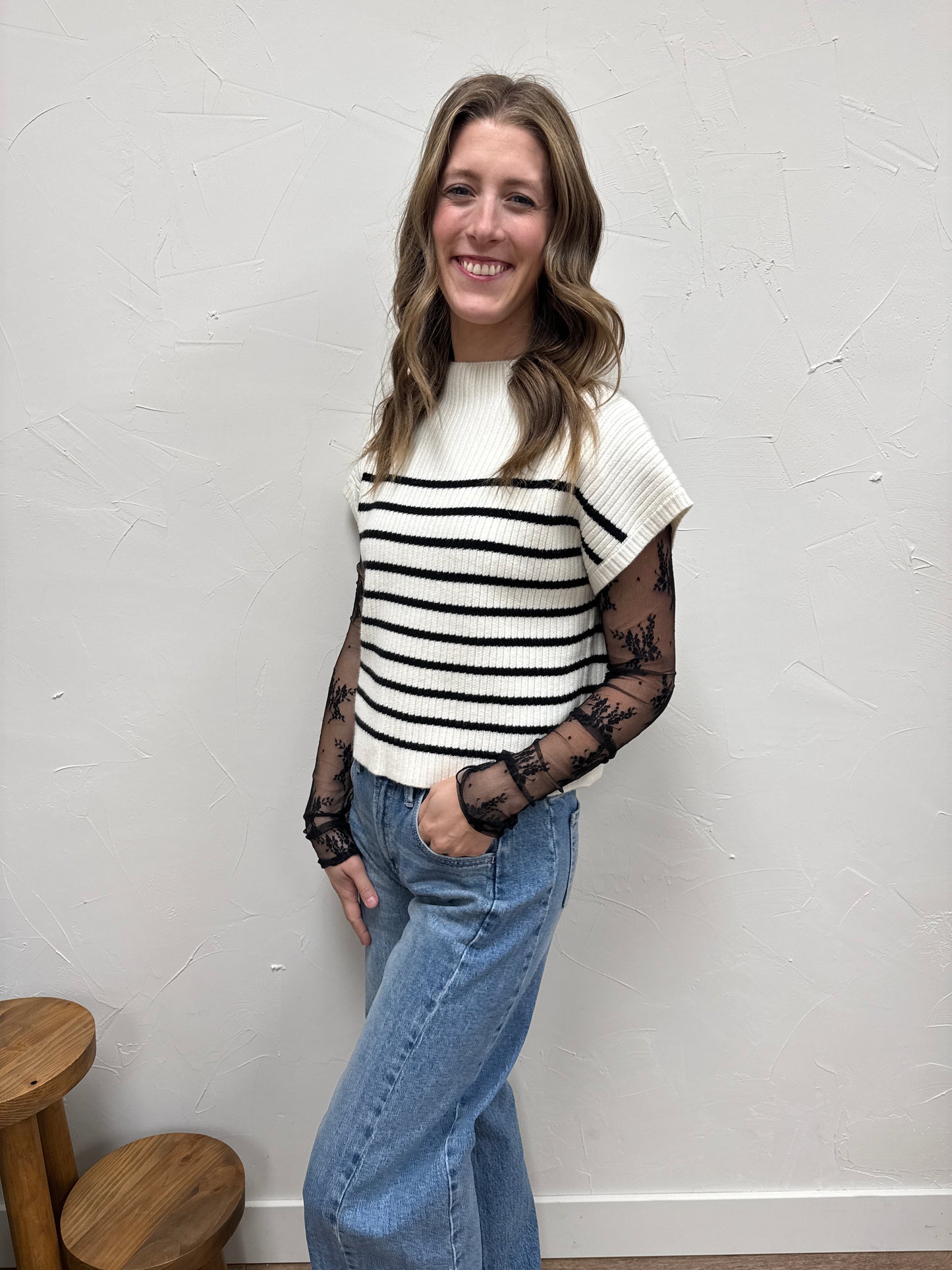 Stripe Mock Neck Short Sleeve Knit Sweater