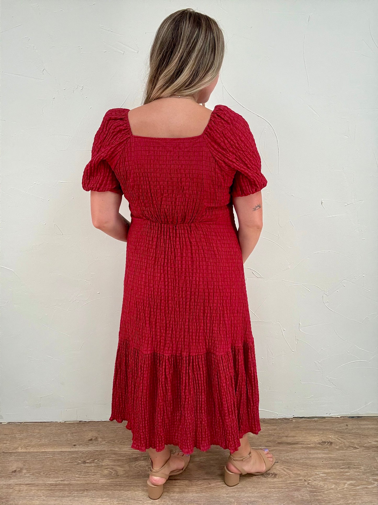 Textured Woven Tie Front Midi Dress