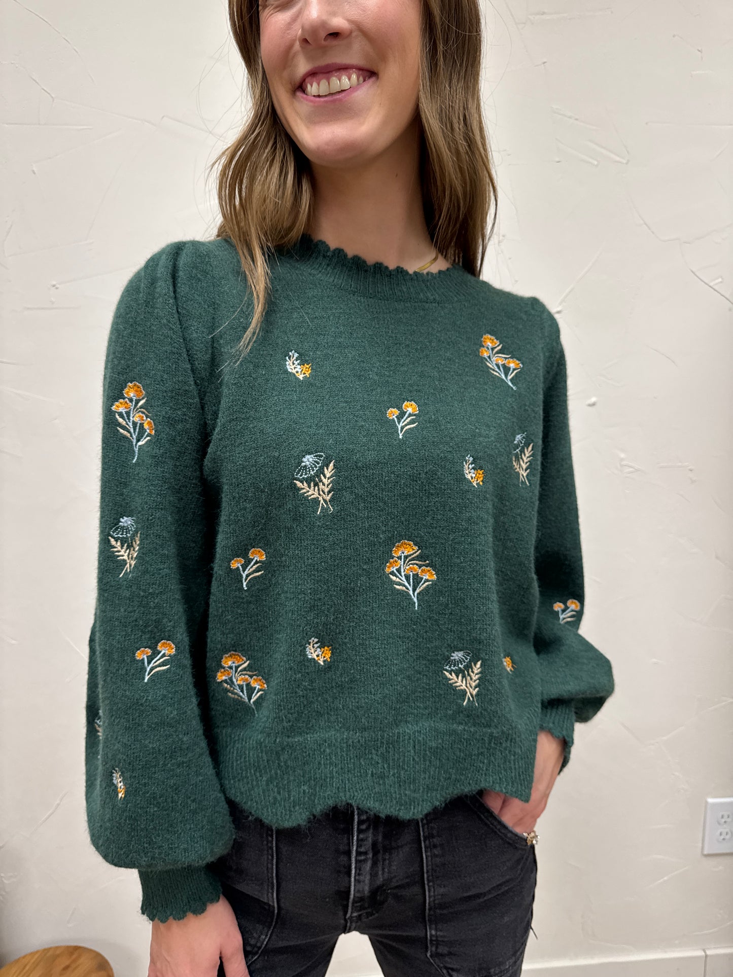Embroidered Scallop Detail Sweater
