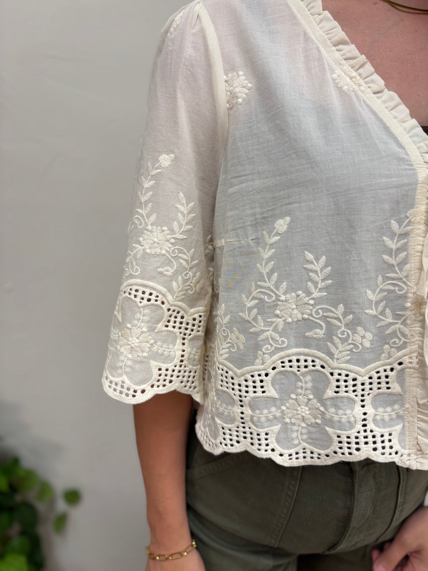 Floral Embroidered Tie Front Blouse
