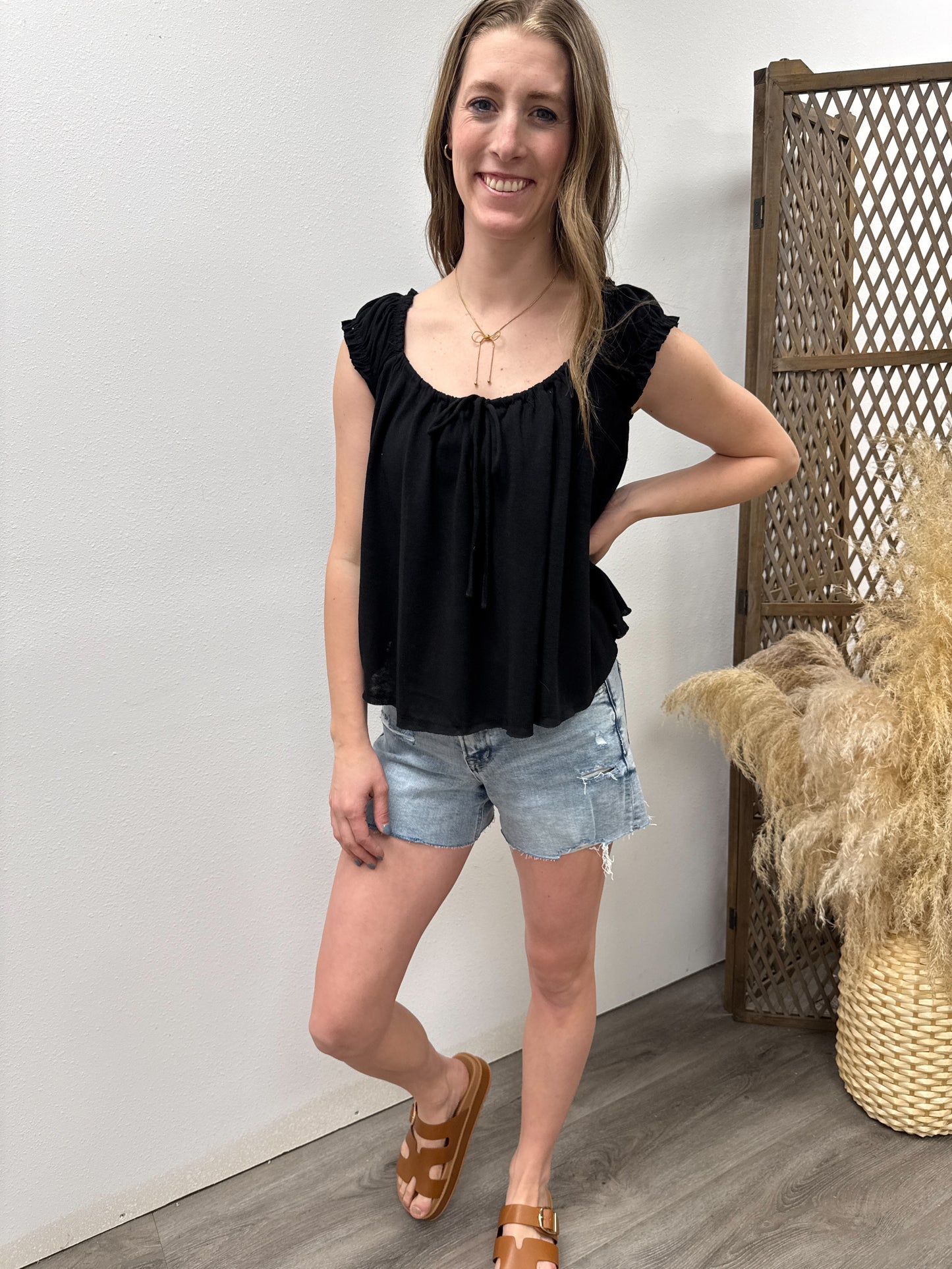 Slub Knit Cap Sleeve Flowy Peasant Top