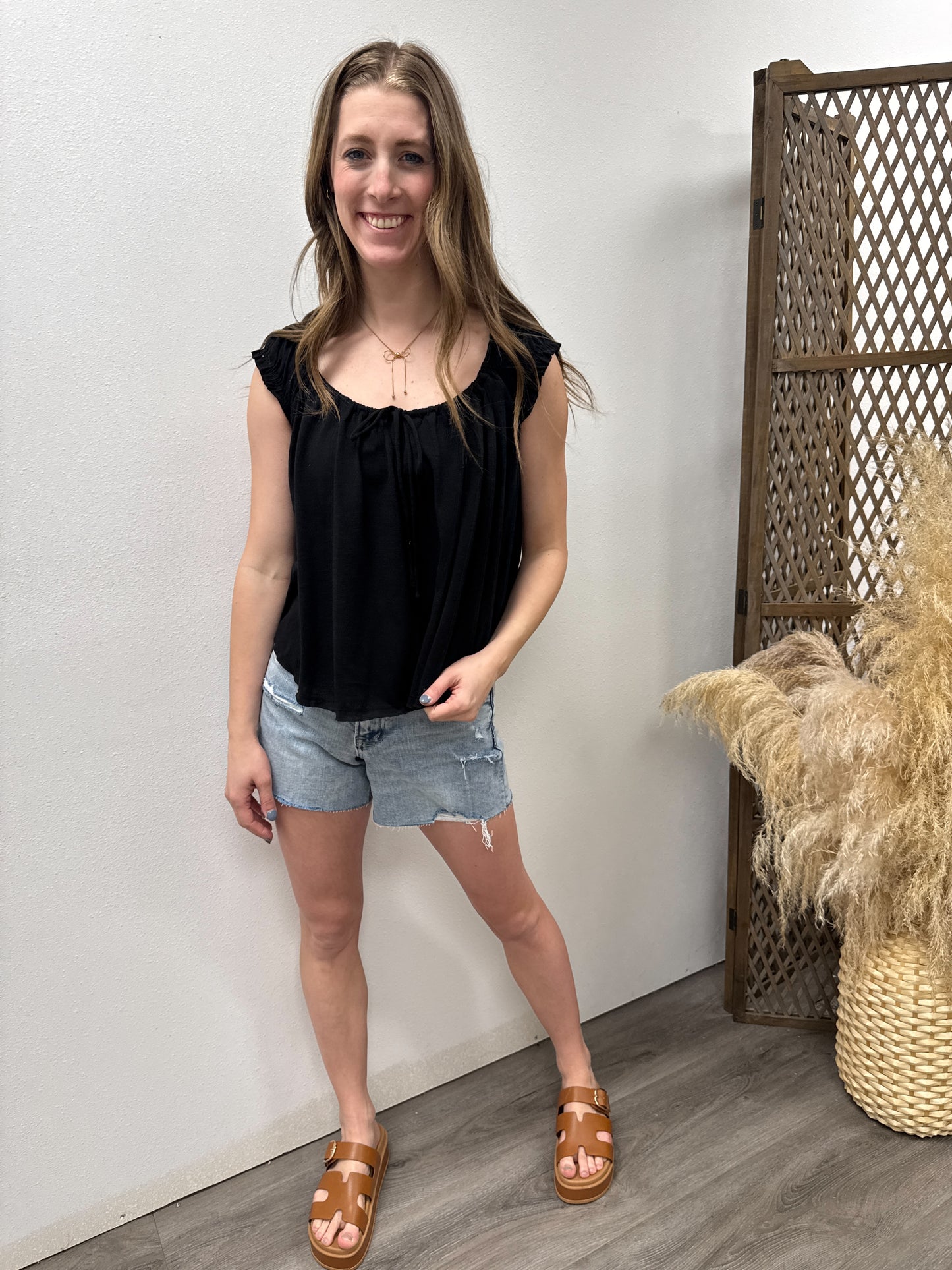Slub Knit Cap Sleeve Flowy Peasant Top