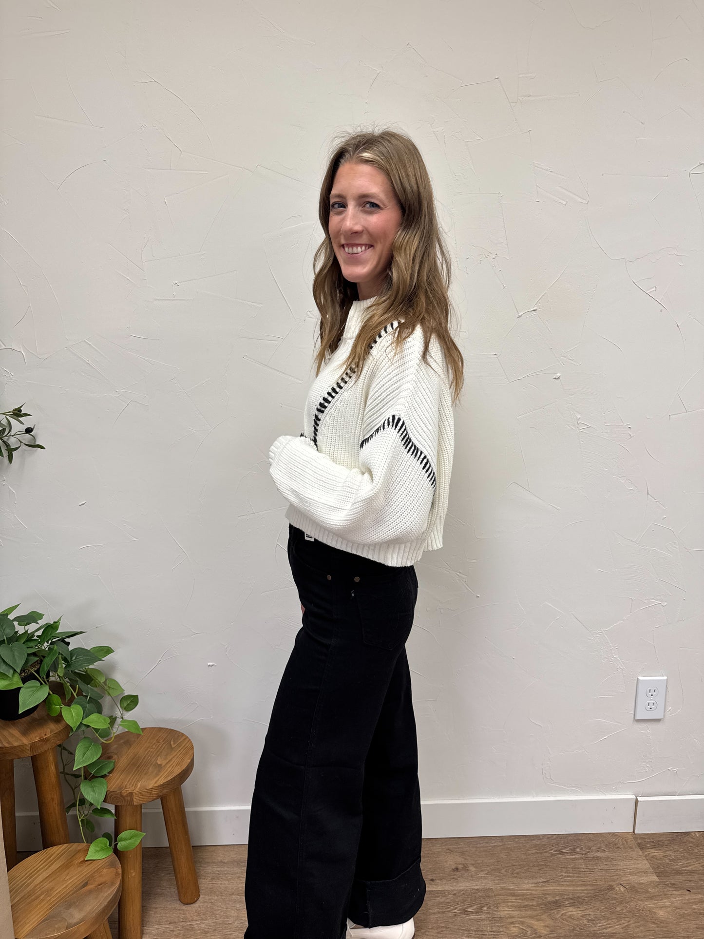 Knit Half-Zip Sweater with Contrast Stitch Detail