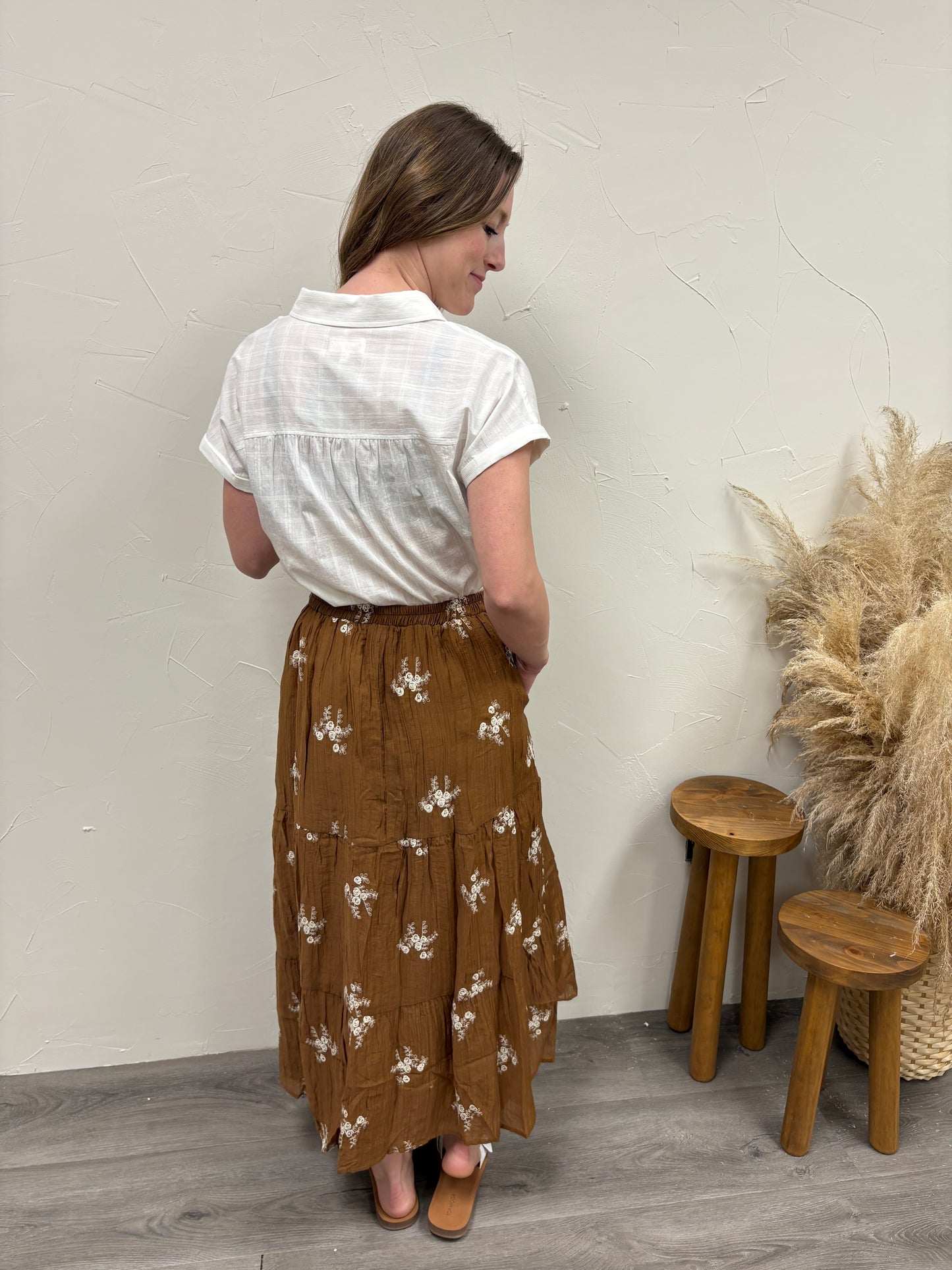 Embroidered Tiered Midi Skirt