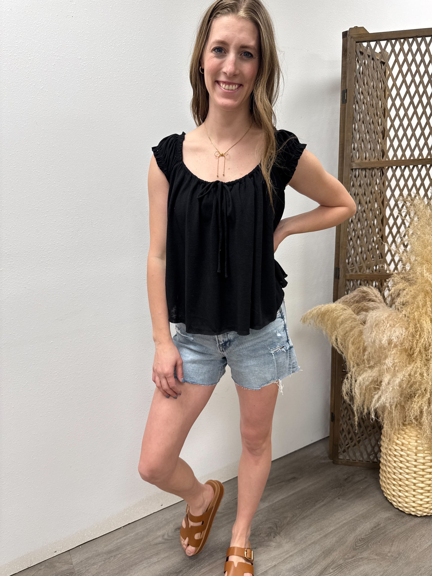 Slub Knit Cap Sleeve Flowy Peasant Top