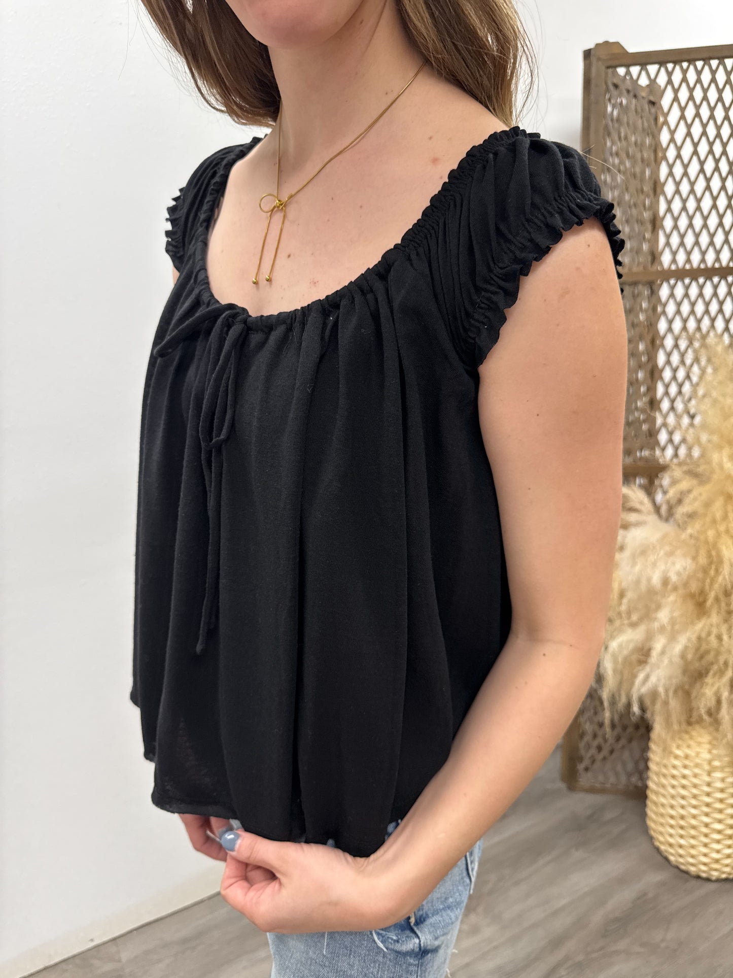 Slub Knit Cap Sleeve Flowy Peasant Top