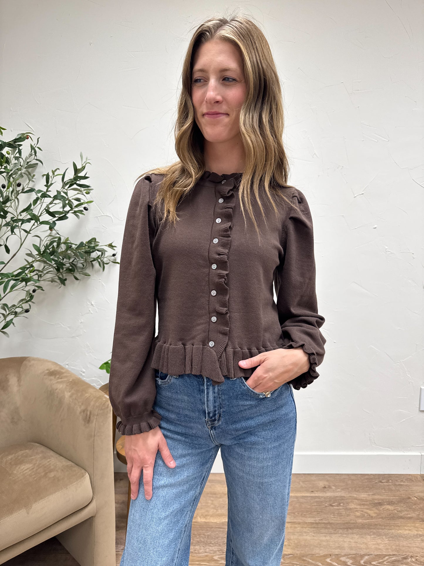 Ruffle Detail Button Sweater